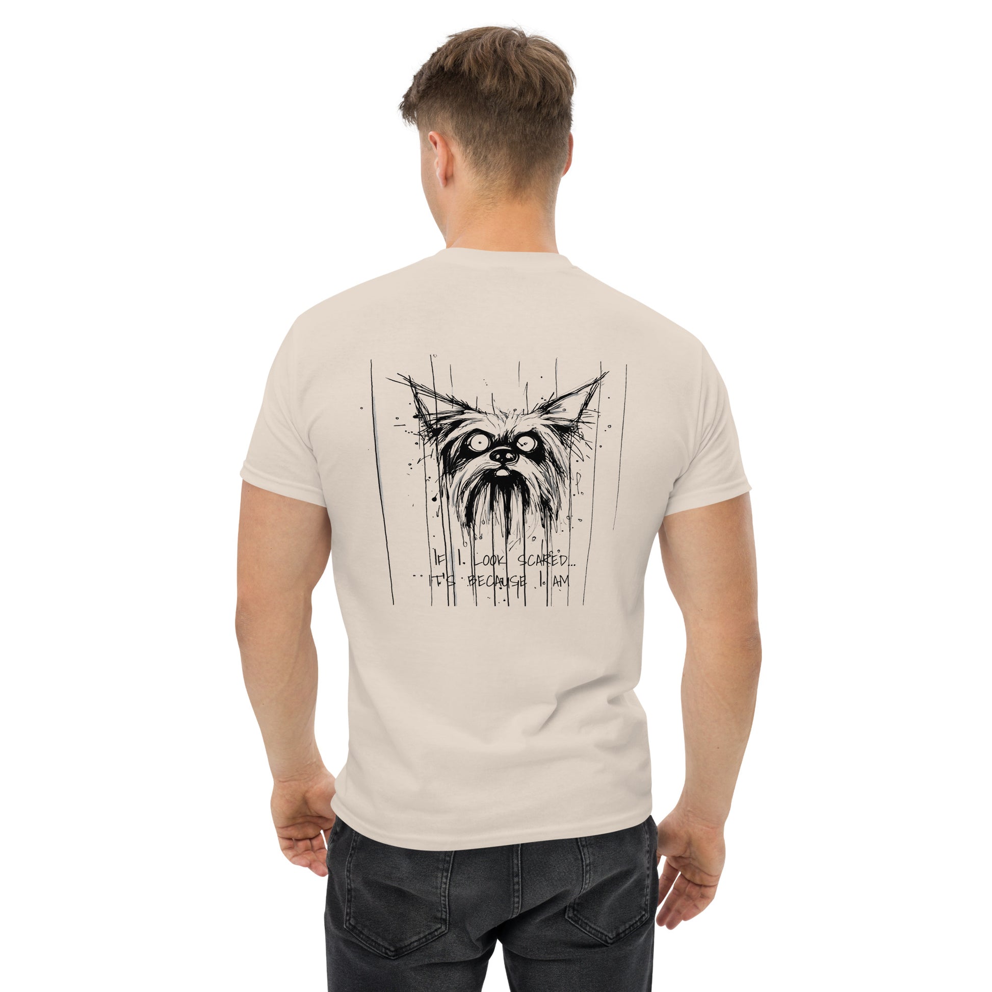 Male model wearing grey T-shirt, back view, Yorkshire Terrier line-art and "Scared" slogan.