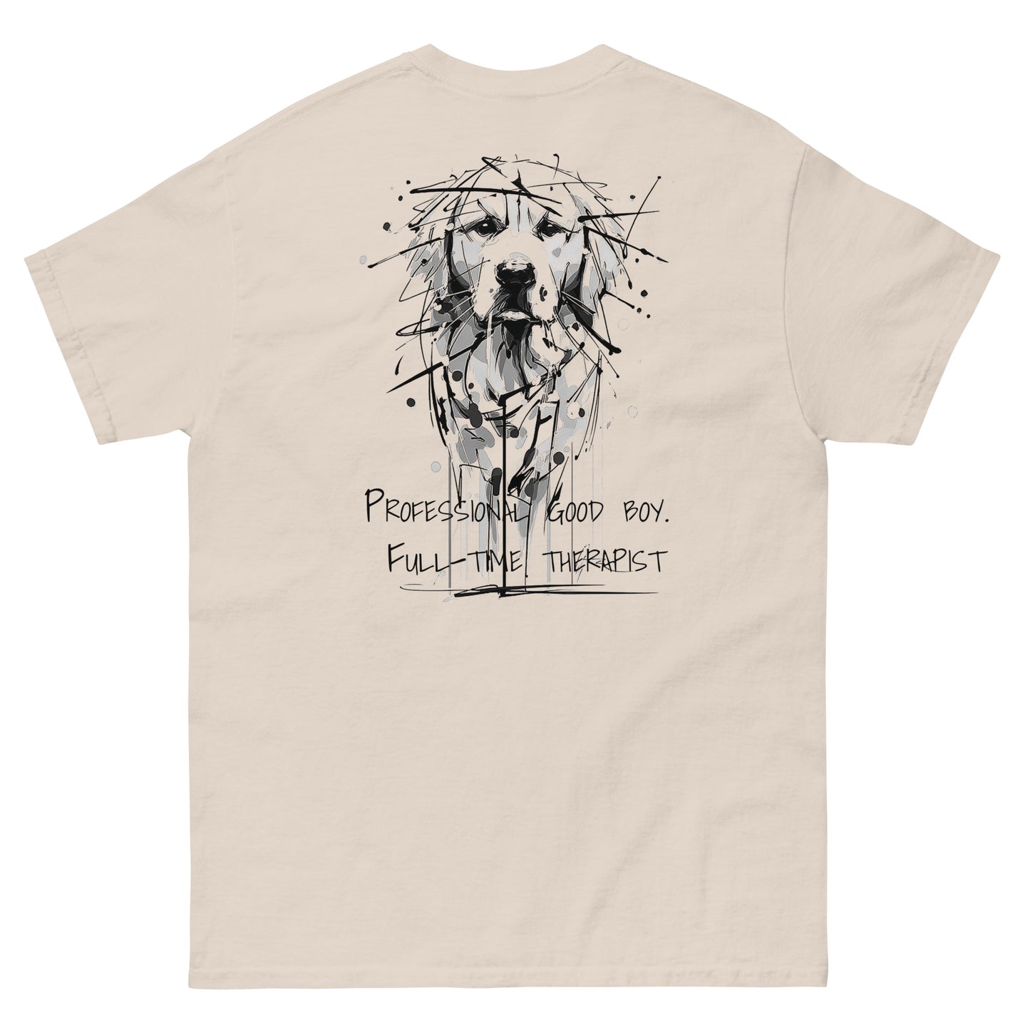 Beige unisex T-shirt – black ink Golden Retriever dog illustration,  back view.