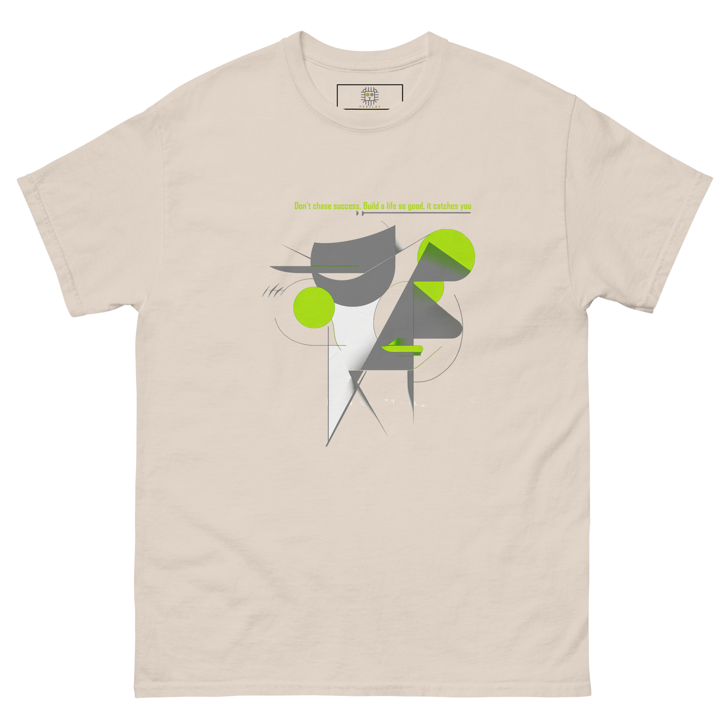 Beige unisex T-shirt — flat lay, front print: abstract geometric figure with green circles, text “be yourself, everyone else is already taken.”