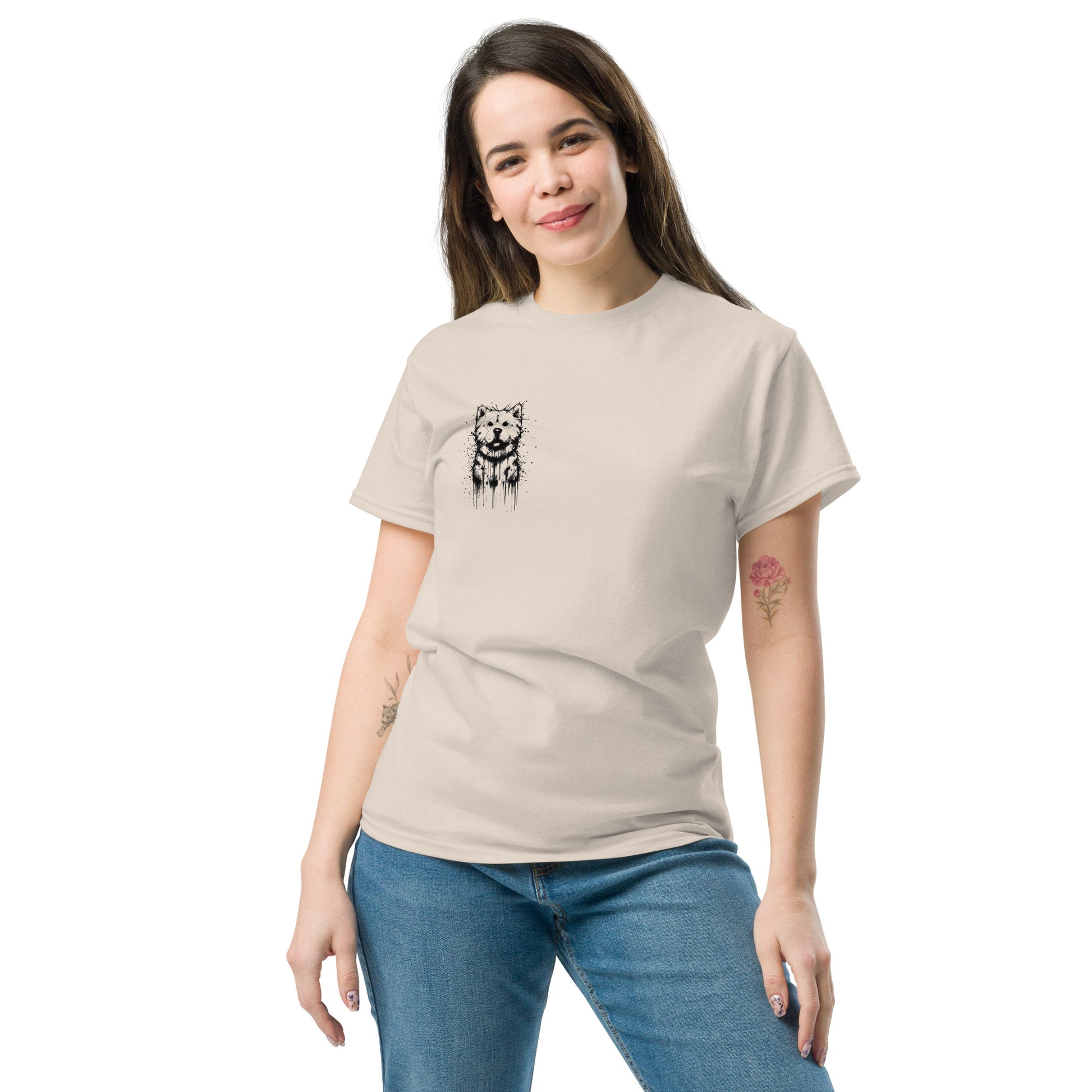 Beige unisex T-shirt – black ink Shiba Inu dog illustration, front view on female model.