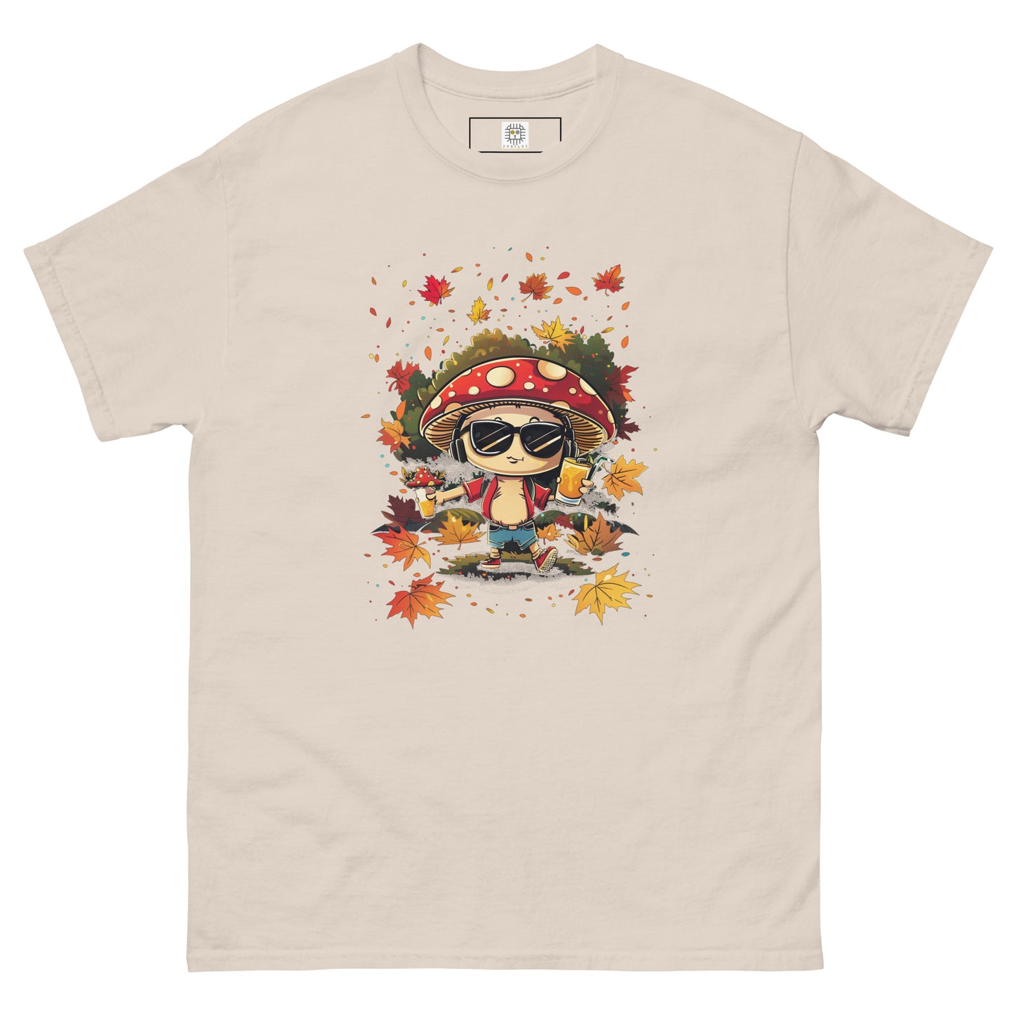 Beige unisex T-shirt with a cartoon mushroom in sunglasses, headphones, and autumn leaves.