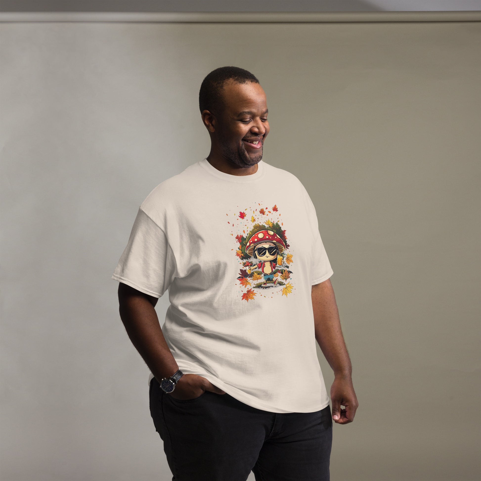 White/send  T-shirt on a male model, highlighting the mushroom with drink and headphones.
