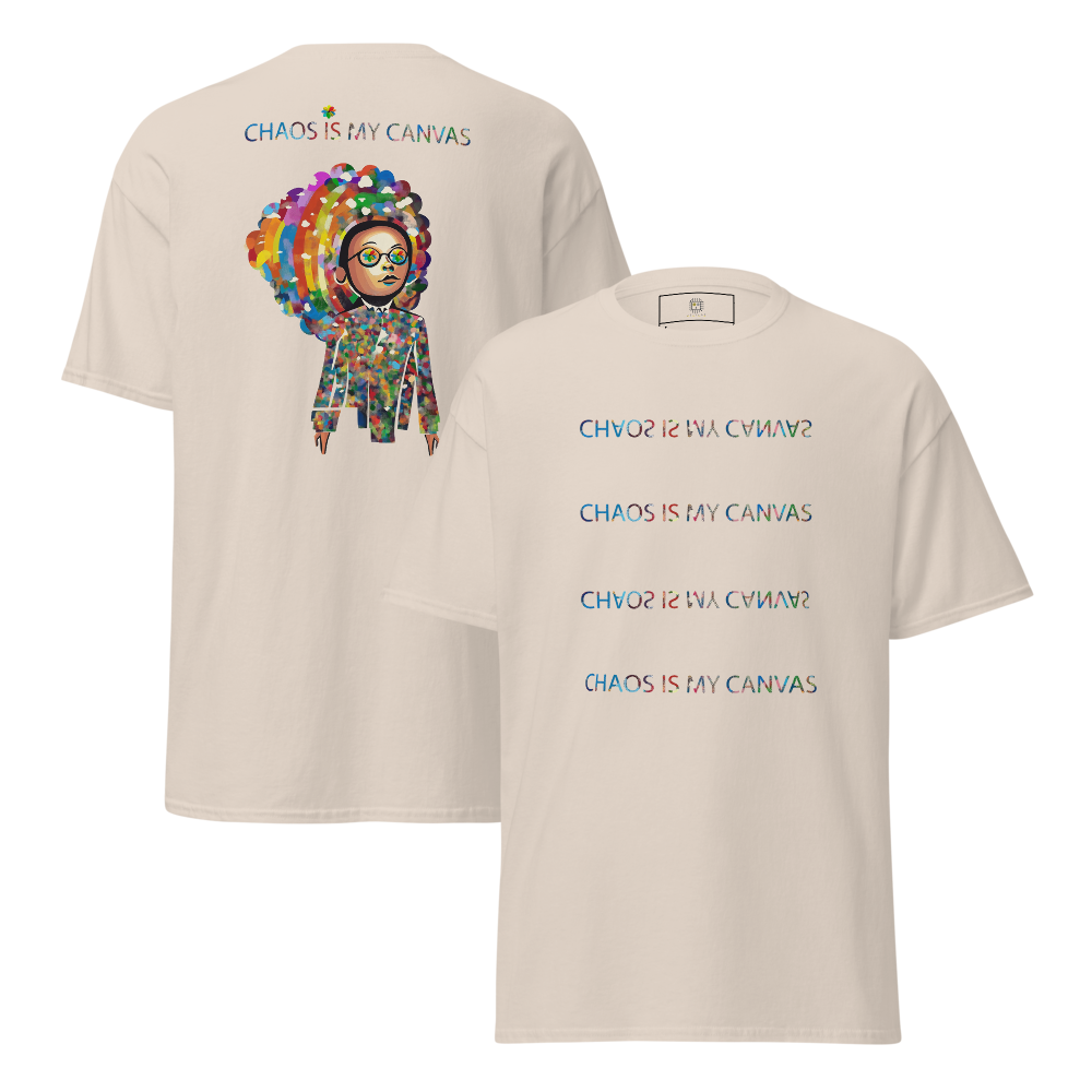 White unisex T-shirt – Chaos Is the Courtesy text and colorful Japanese pop art portrait, front and back view.