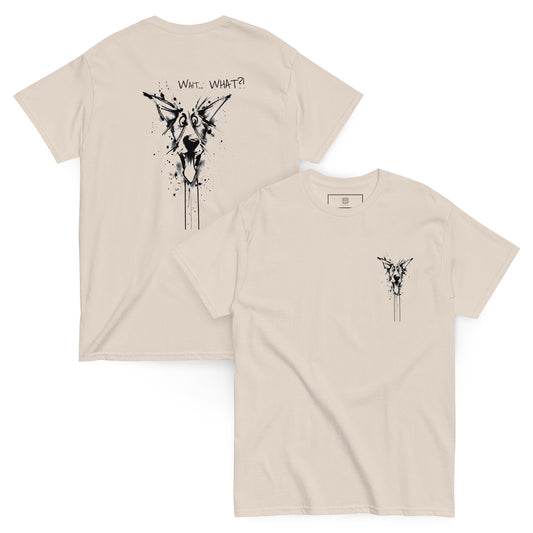 Beige T-shirt, front and back view, hand-drawn Border Collie with quote "Wait WHAT", Unleashed Lines series by Pekilot.