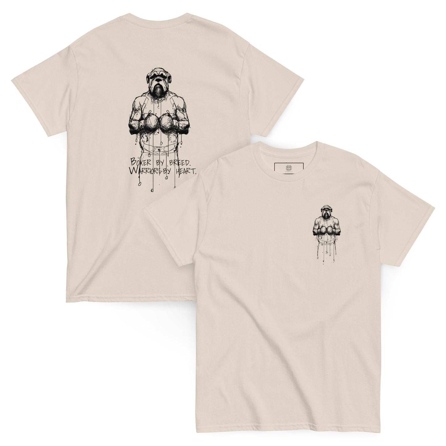 Set of two beige lite  tees showcasing the Boxer dog from the Unleashed Lines series. Great gift option for Boxer enthusiasts.