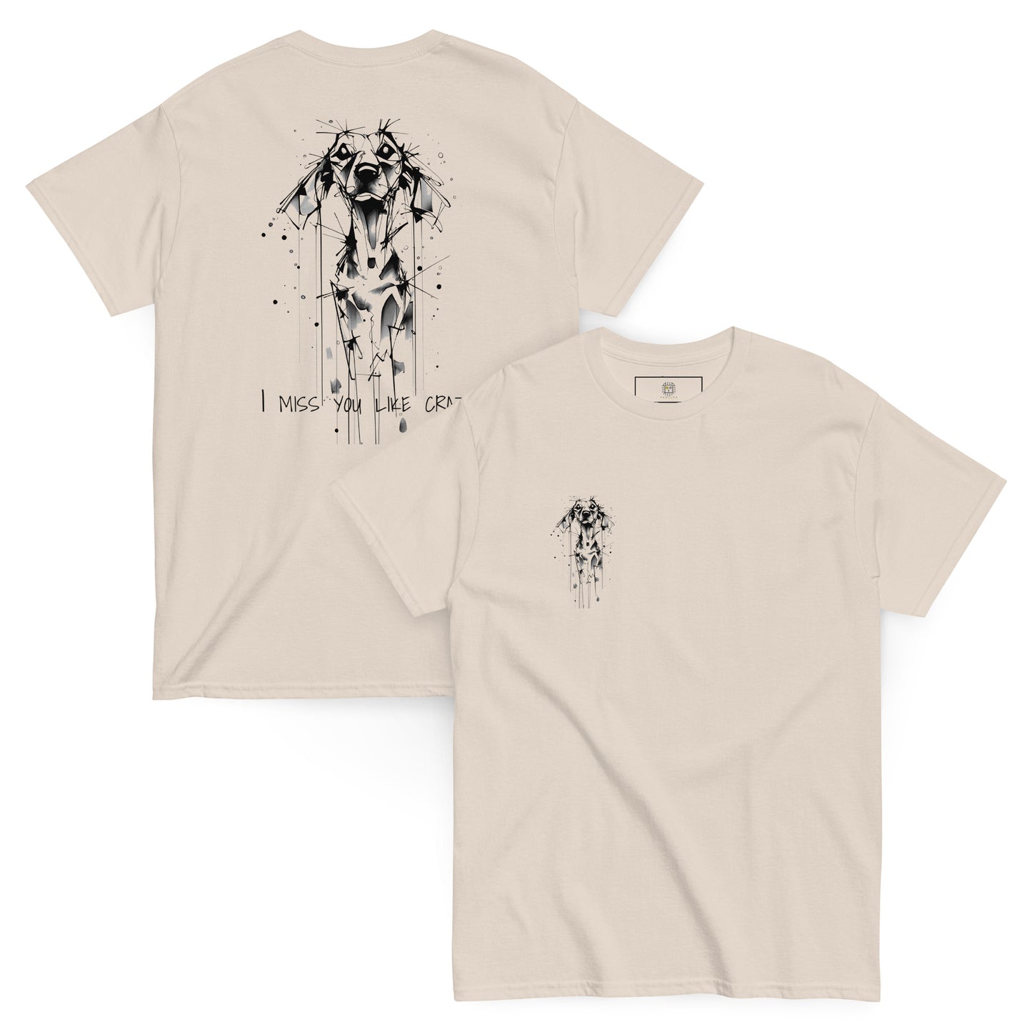 Beige unisex T-shirt – black ink Beagle dog illustration, front and back view.