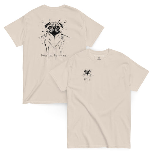 Beige unisex T-shirt – black ink pug illustration, front and back view.