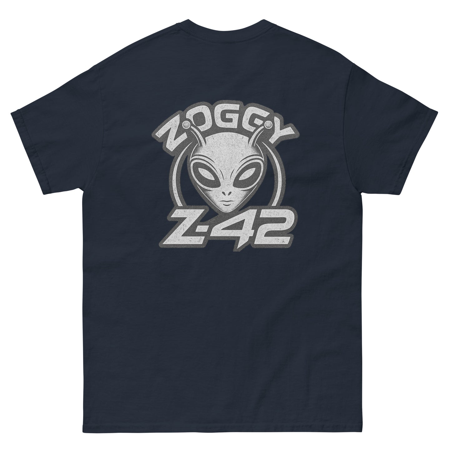 Navy blue unisex T-shirt — front left chest small grey alien head with text ZOGGY Z-42