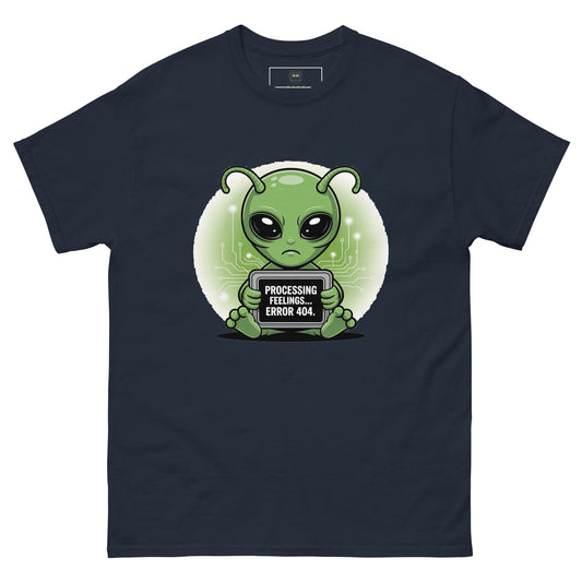 Navy blue unisex t-shirt featuring cute green alien Zoggy-42 holding a sign with the quote "I Promise I Don’t Bite