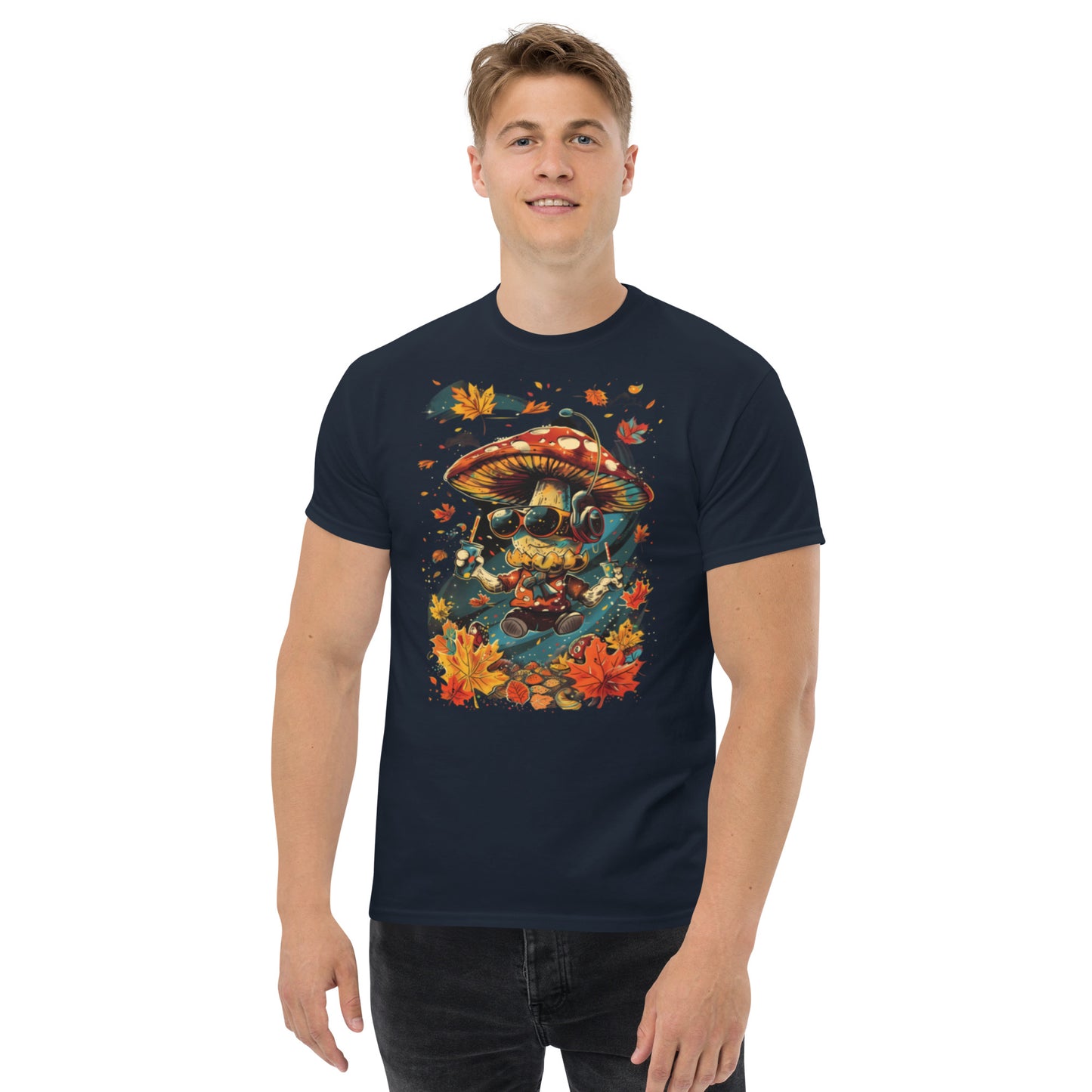 Male model in navy T-shirt – Man wearing dark navy t-shirt with funny mushroom DJ autumn print, MushLOL Collection.