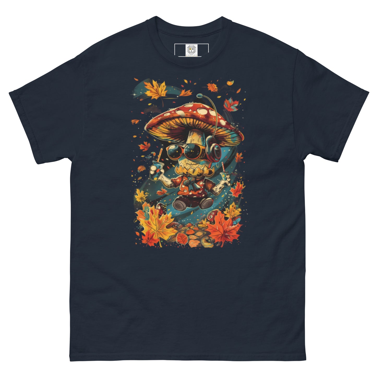 Navy flat lay T-shirt – Classic navy t-shirt featuring funny autumn mushroom DJ, MushLOL Collection.