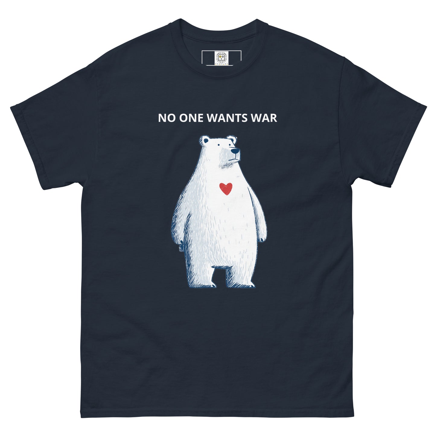 Black t-shirt featuring a minimalist political graphic with the statement “NO ONE WANTS WAR.”
The central figure is rendered as a simplified white silhouette with a single red accent, creating a sharp emotional contrast.
The design communicates restraint and vulnerability rather than aggression, reinforcing an anti-war message through calm visual language.