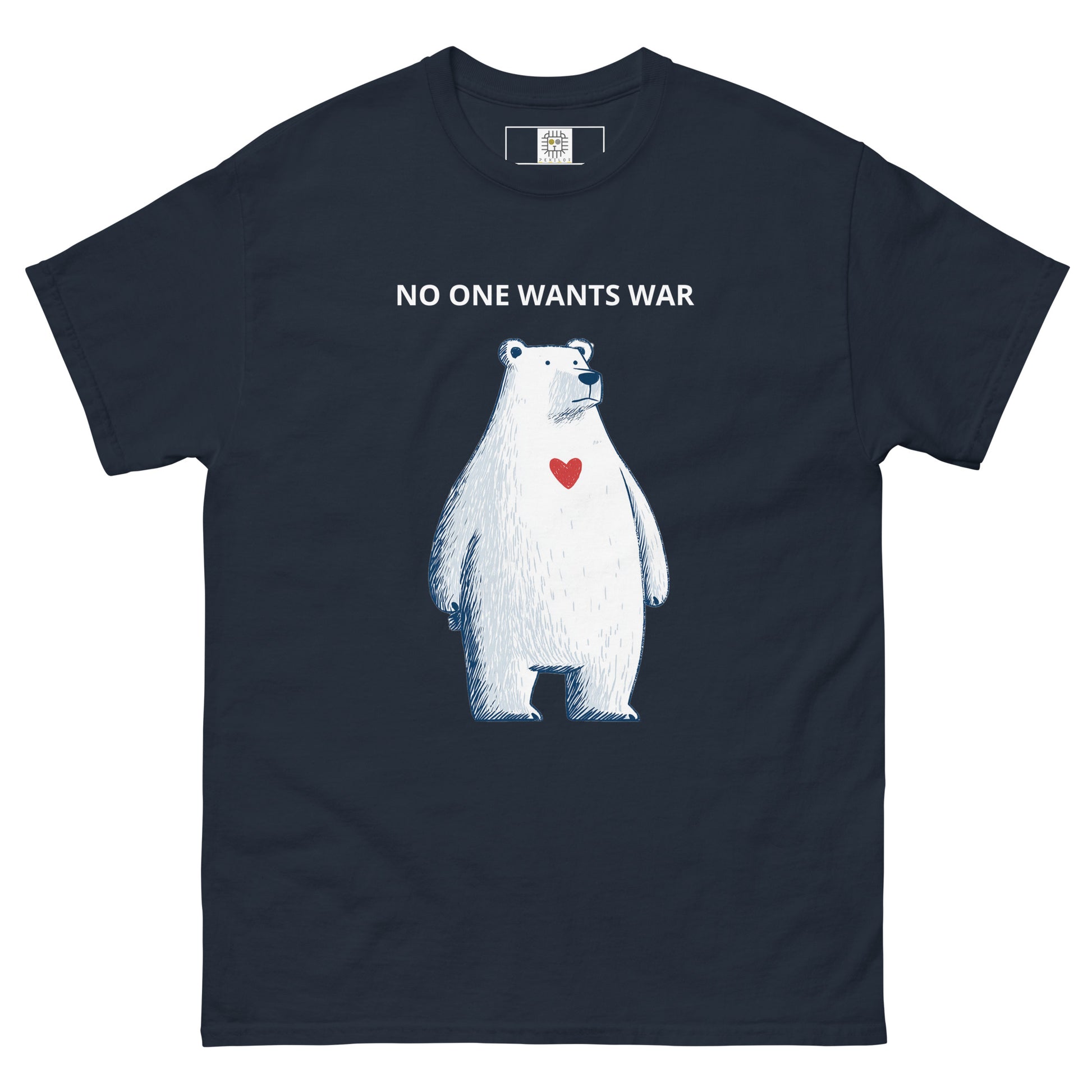 Black t-shirt featuring a minimalist political graphic with the statement “NO ONE WANTS WAR.”
The central figure is rendered as a simplified white silhouette with a single red accent, creating a sharp emotional contrast.
The design communicates restraint and vulnerability rather than aggression, reinforcing an anti-war message through calm visual language.