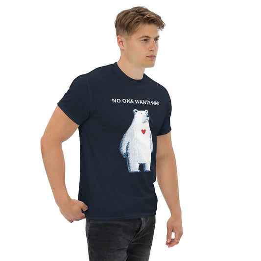 Model wearing a black graphic t-shirt with the “NO ONE WANTS WAR” statement.
The front print remains clearly readable while maintaining a balanced, understated presence within the overall silhouette.