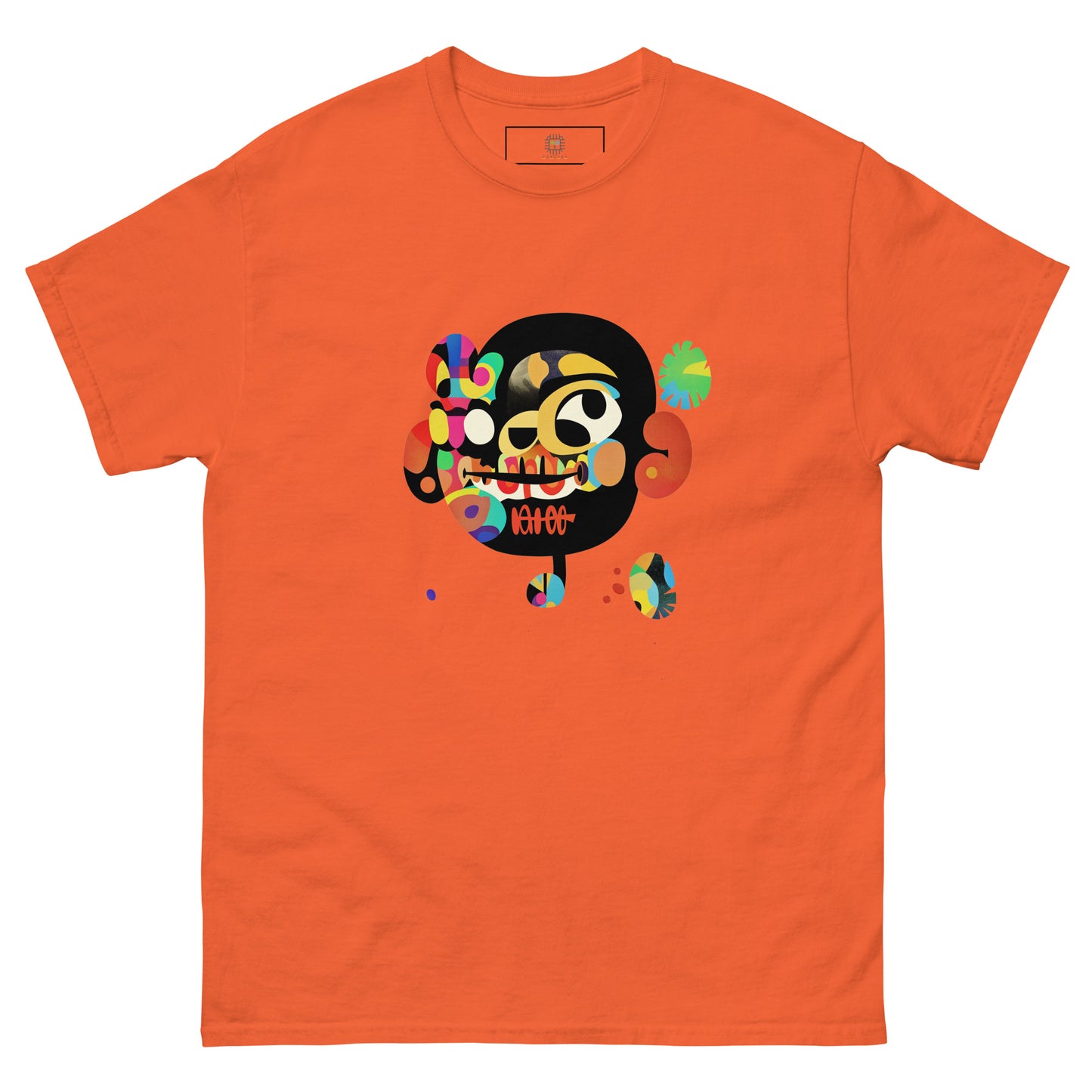 Orange unisex T-shirt with colorful sugar skull front print and “Be Happy” text