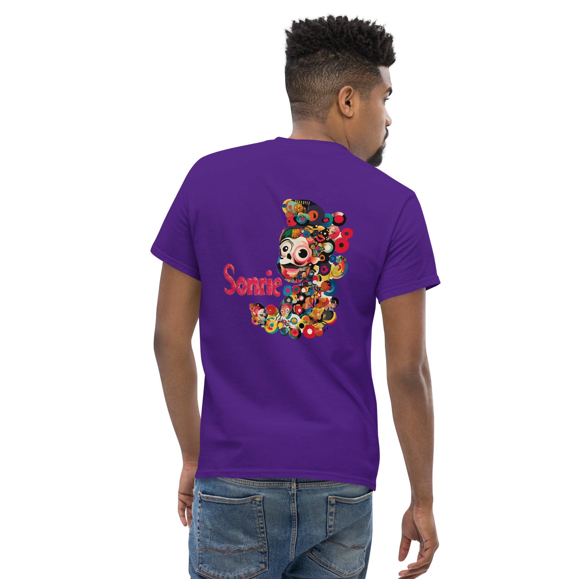 Male model wearing a black T-shirt with a colorful abstract side print