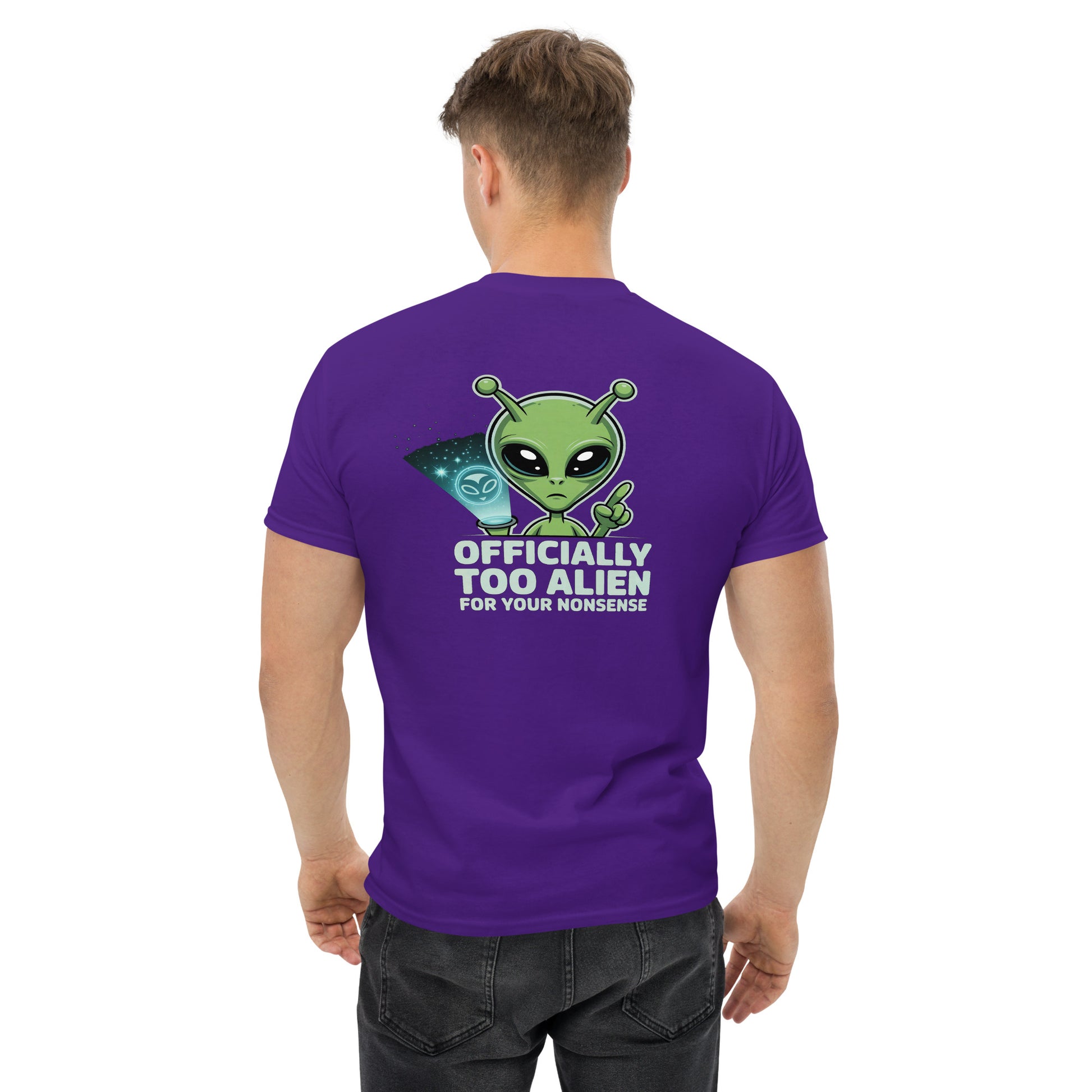Purple unisex T-shirt — front left chest small alien head graphic