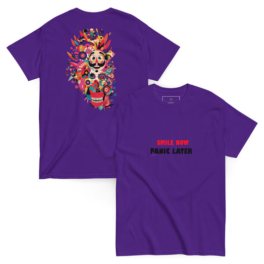 Purple graphic T-shirt featuring a vibrant multicolor abstract face design on the front. Premium cotton, unisex fit.