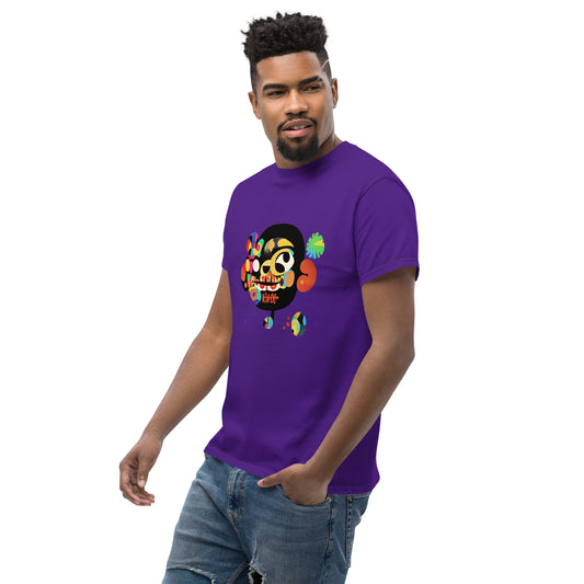Male model wearing a purple T-shirt with colorful sugar skull front print and “Be Happy” text