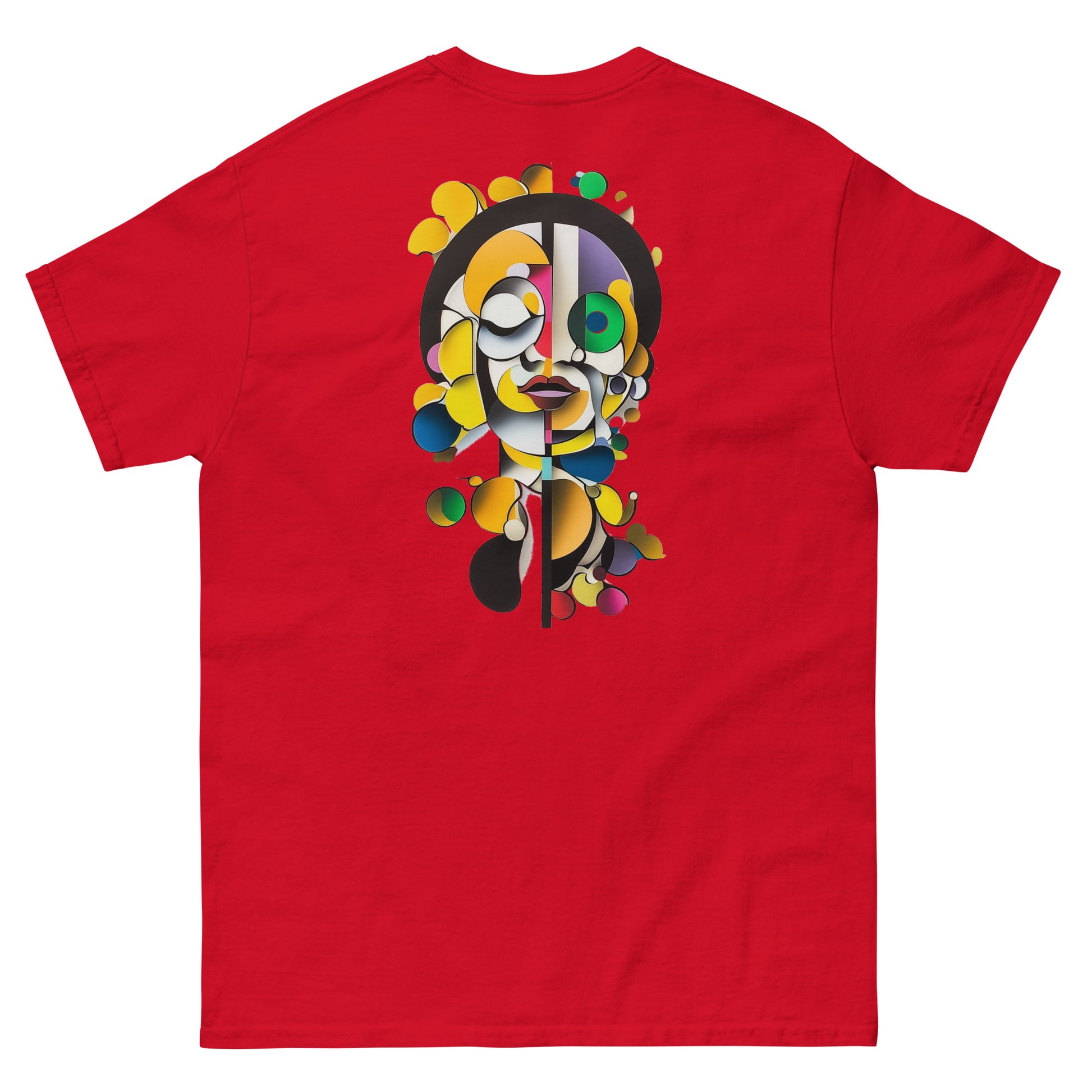 Red unisex T-shirt — back print: colorful illustrated face,
