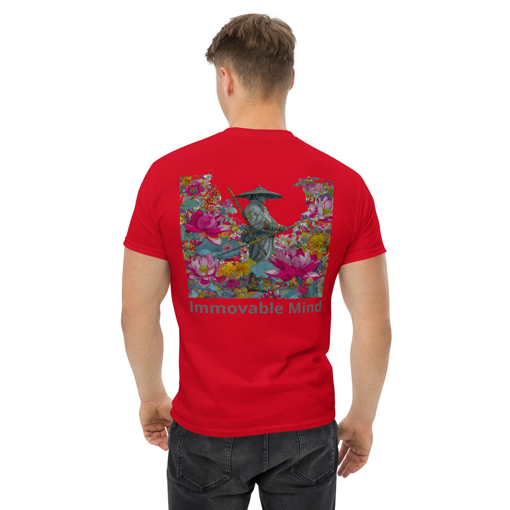 Red unisex T-shirt – Immovable samurai design, back view.