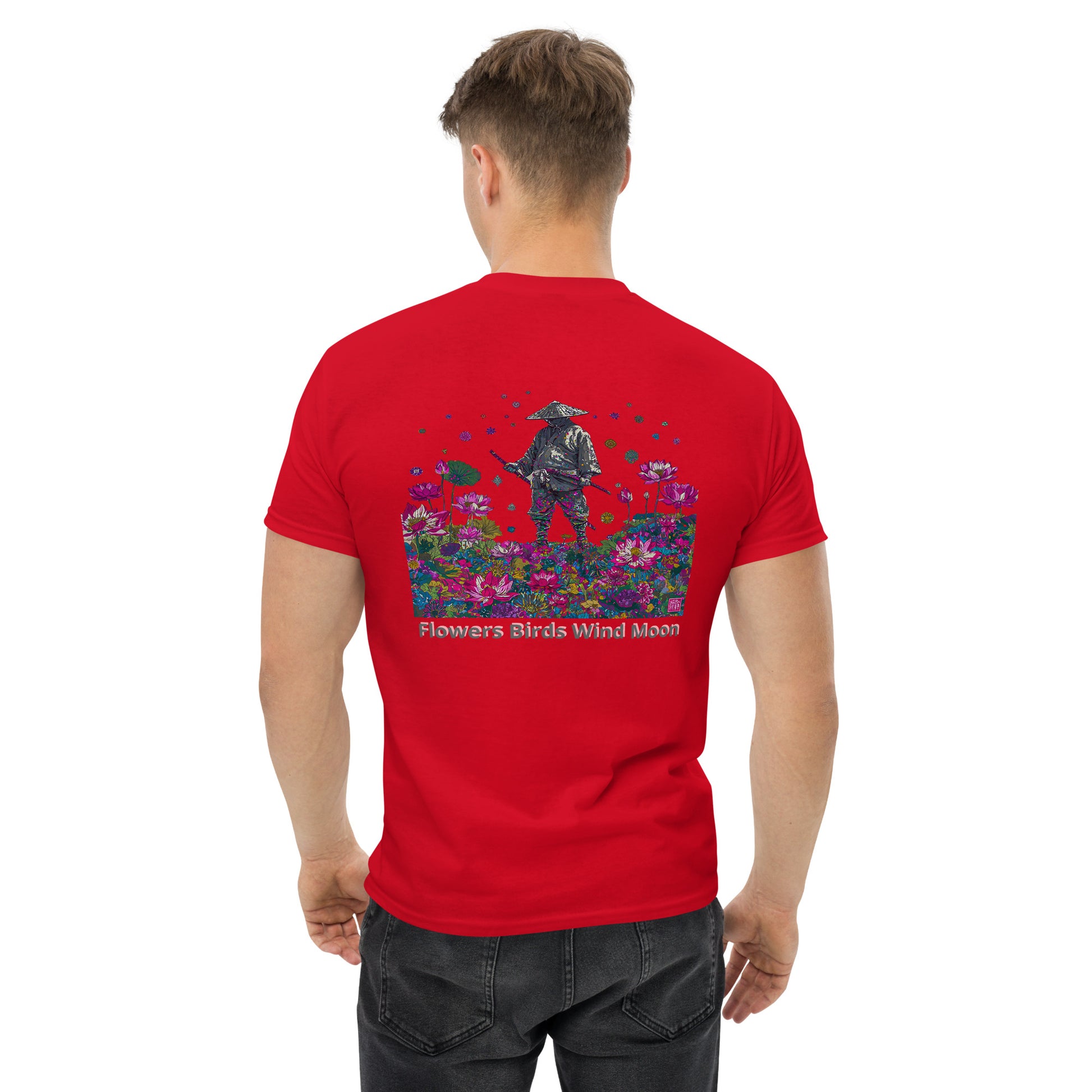 Red unisex T-shirt – Flowers and moon samurai design, back view.