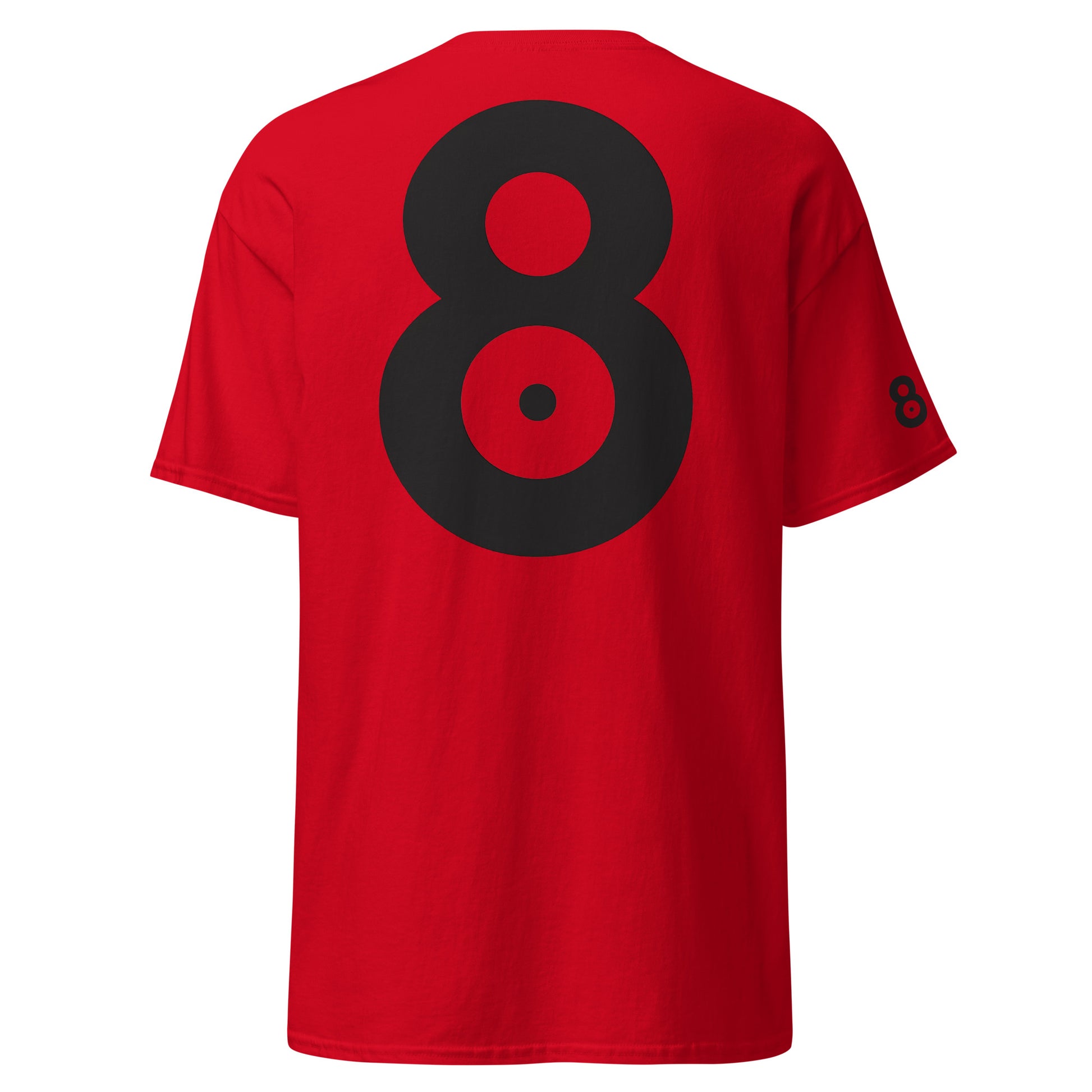 Back view of a red t-shirt featuring a large black eight-shaped graphic centered on the upper back. The vertical composition creates a strong visual rhythm and serves as the primary focal point.