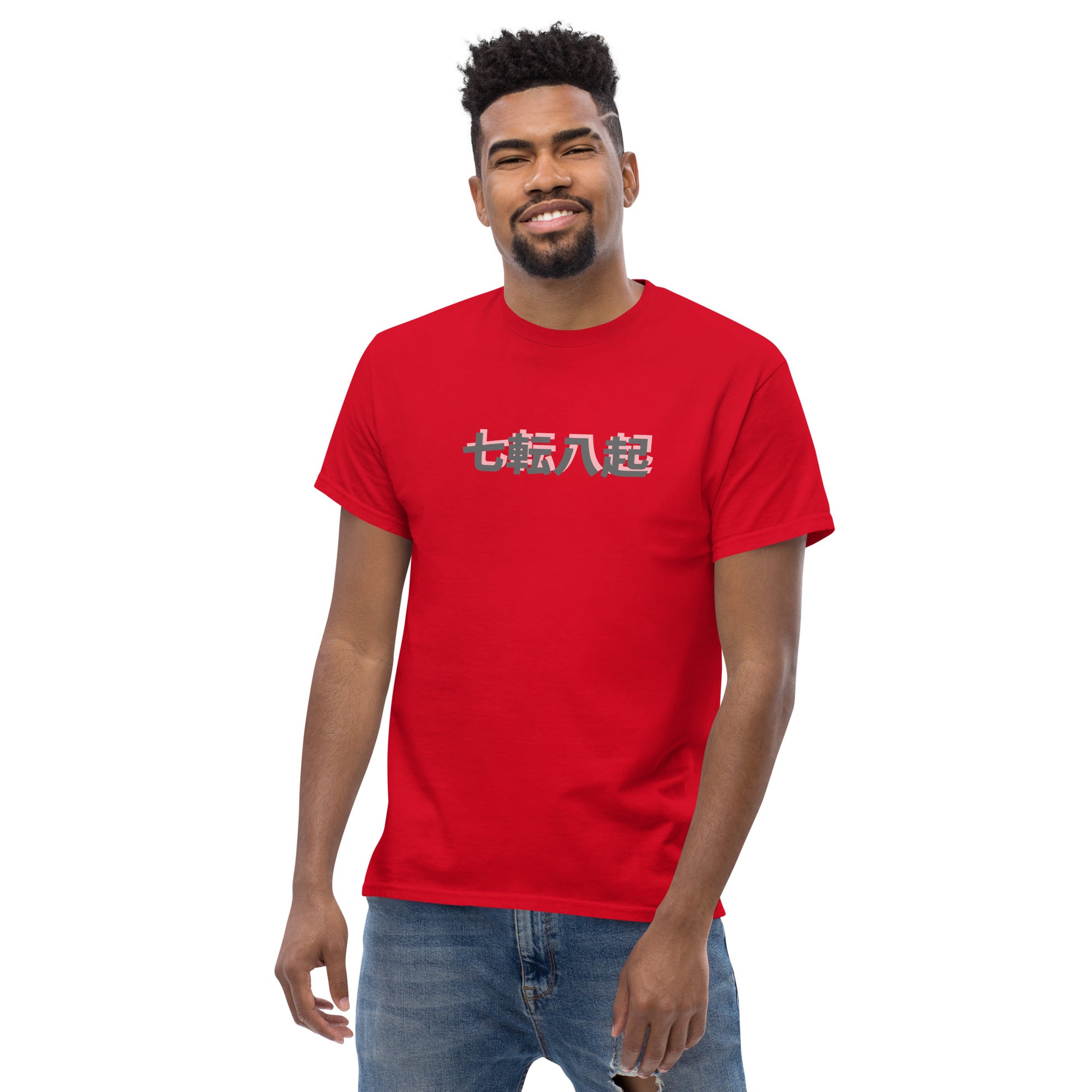 Red unisex T-shirt – Fall Seven Times Rise Eight samurai design, front view.