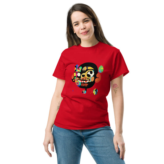 Female model wearing a red T-shirt with colorful sugar skull front print and “Be Happy” text