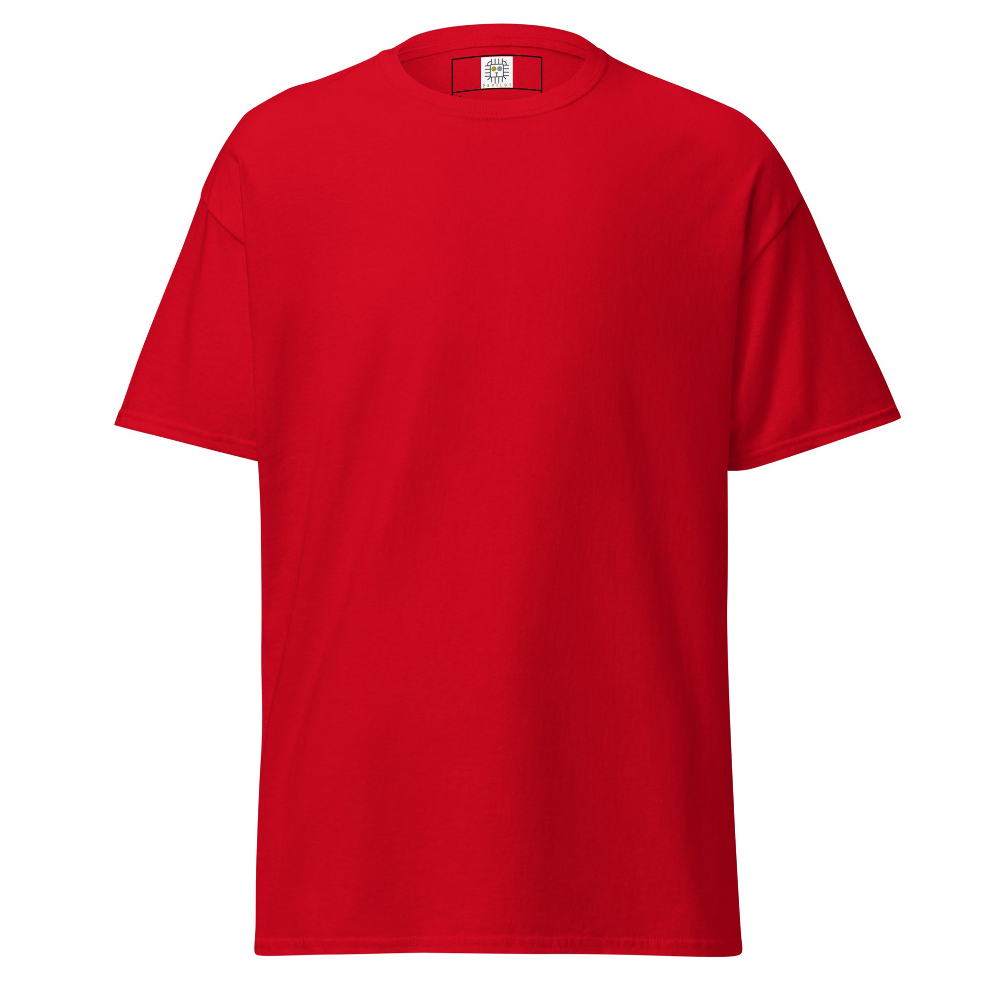 Front view of the red t-shirt with a completely clean surface. The lack of front print reinforces the back-focused concept and maintains visual restraint.