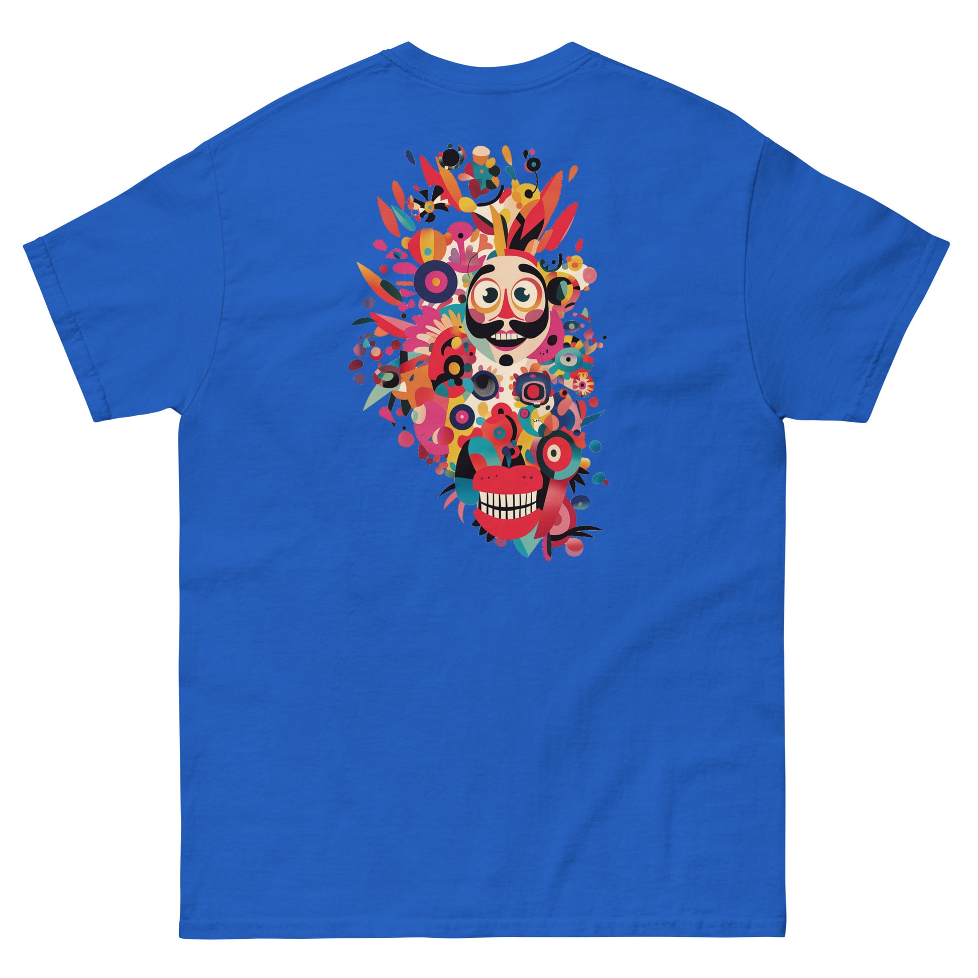 Blue T-shirt with 'Smile Now Panic Later' in red on the front. Unisex cotton design for everyday wear