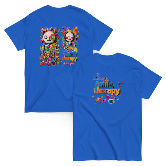 Blue unisex T-shirt – Colorful abstract art design, front and back view