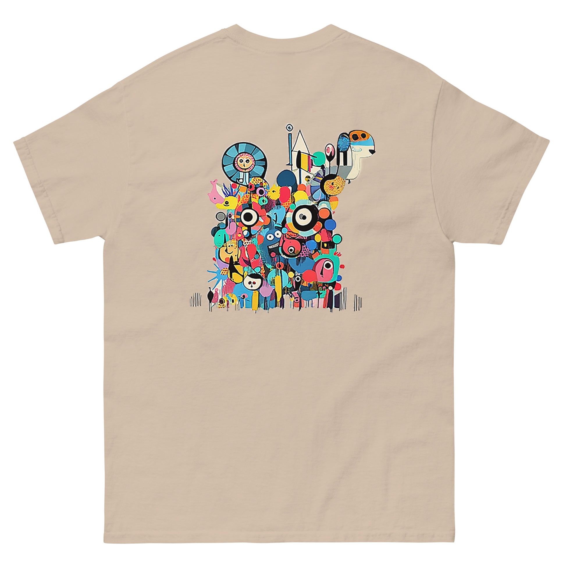 Beige unisex T-shirt – colorful abstract illustration,  back view.