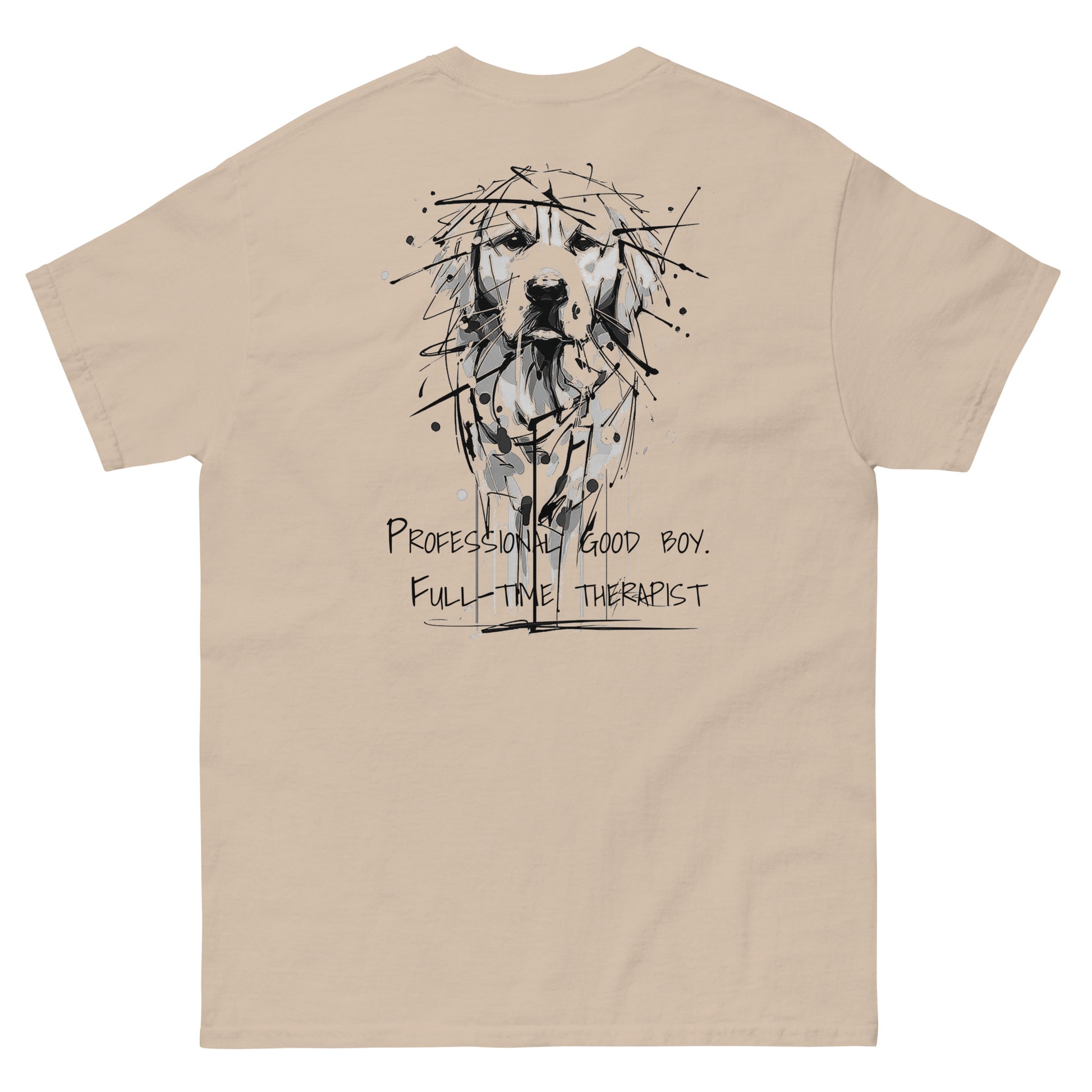Beige unisex T-shirt – black ink Golden Retriever dog illustration, front and back view.