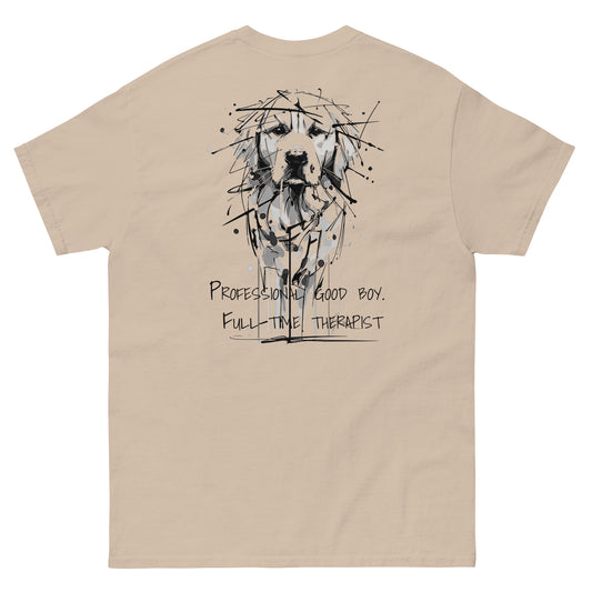 Beige unisex T-shirt – black ink Golden Retriever dog illustration, front and back view.