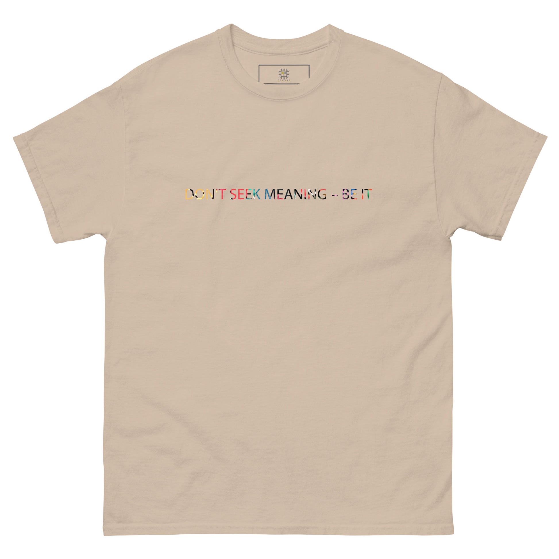 Beige unisex T-shirt – colorful abstract illustration, front view.