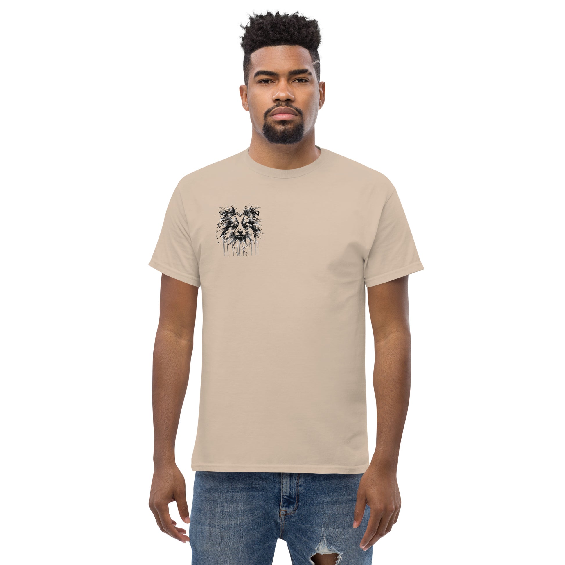 Beige unisex T-shirt – black ink Border Collie dog illustration, front view on male model.