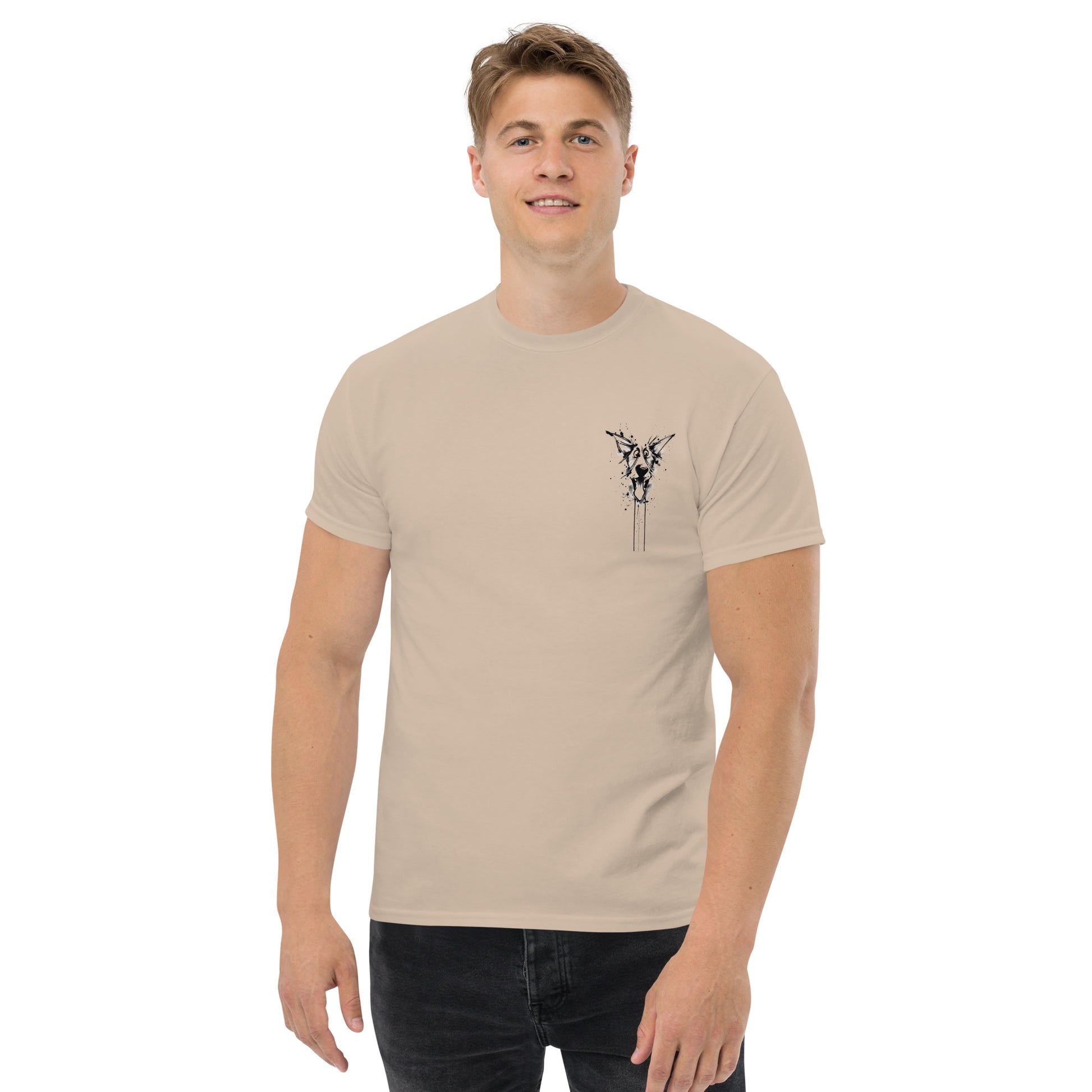 Male model wearing beige T-shirt with Border Collie "Wait WHAT" design, front view.