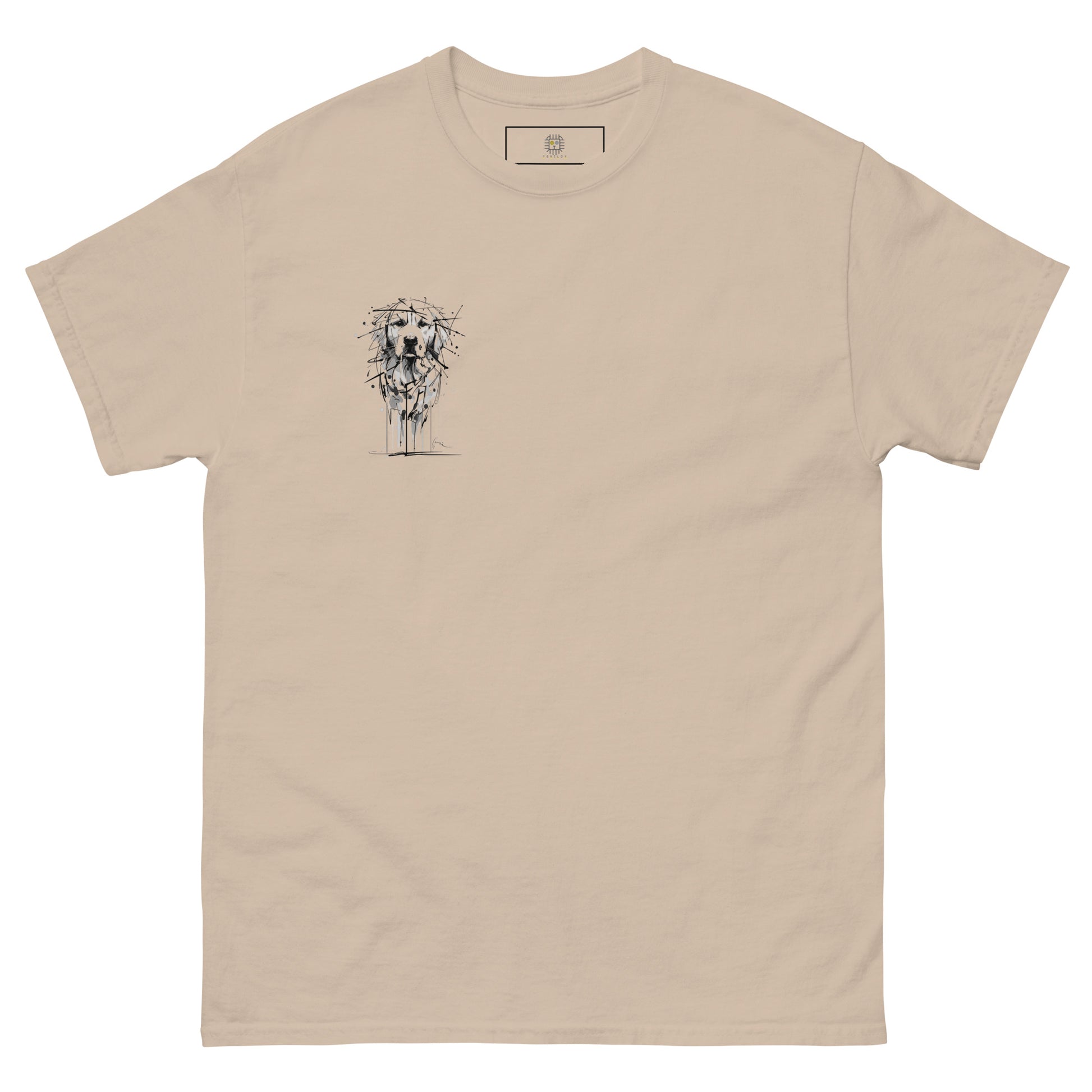 Beige unisex T-shirt – black ink Golden Retriever dog illustration, front view on female model.