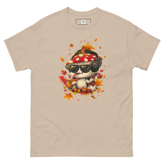 Beige unisex t-shirt with a whimsical cartoon mushroom character surrounded by autumn leaves.