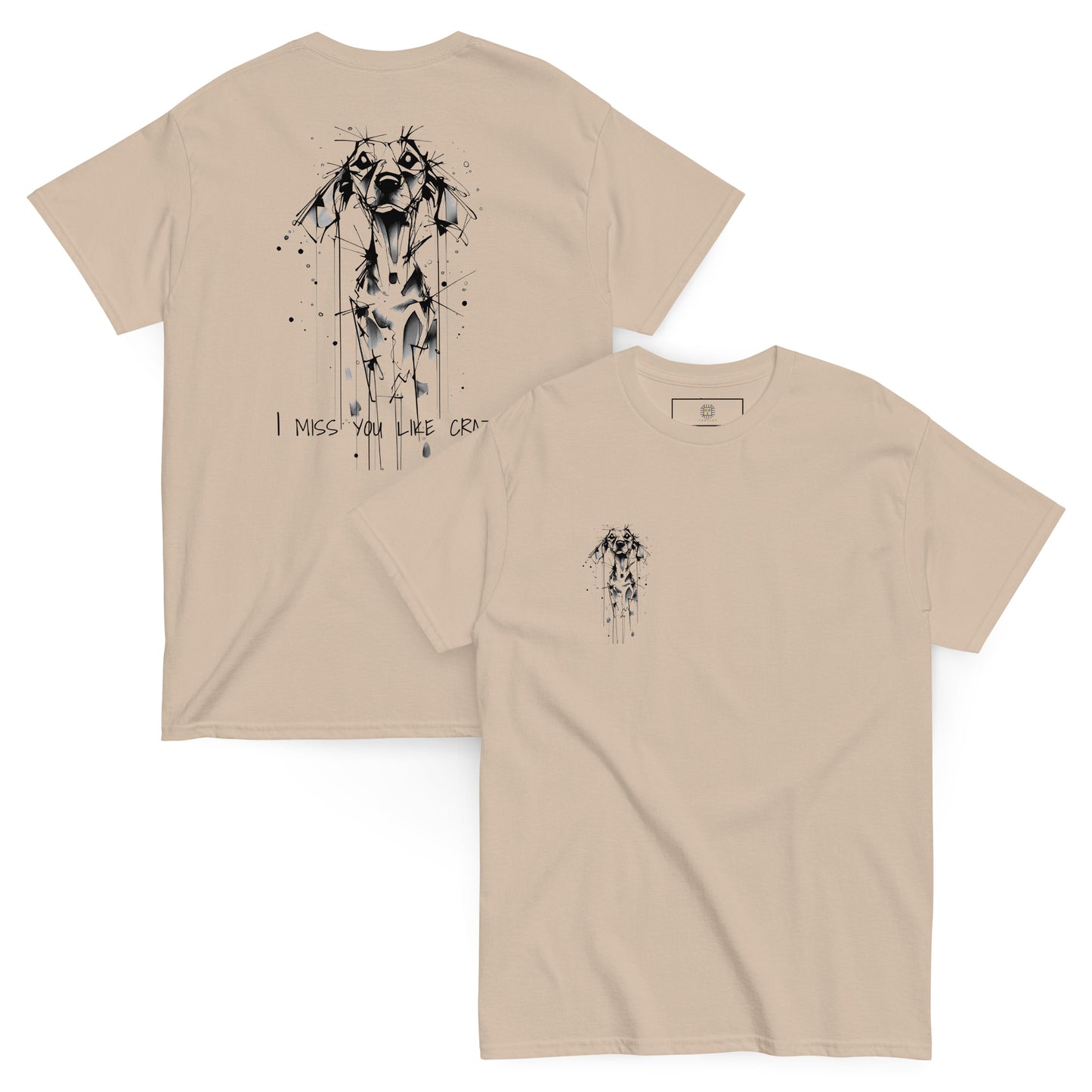 Beige unisex T-shirt – black ink Beagle dog illustration, front and back view.