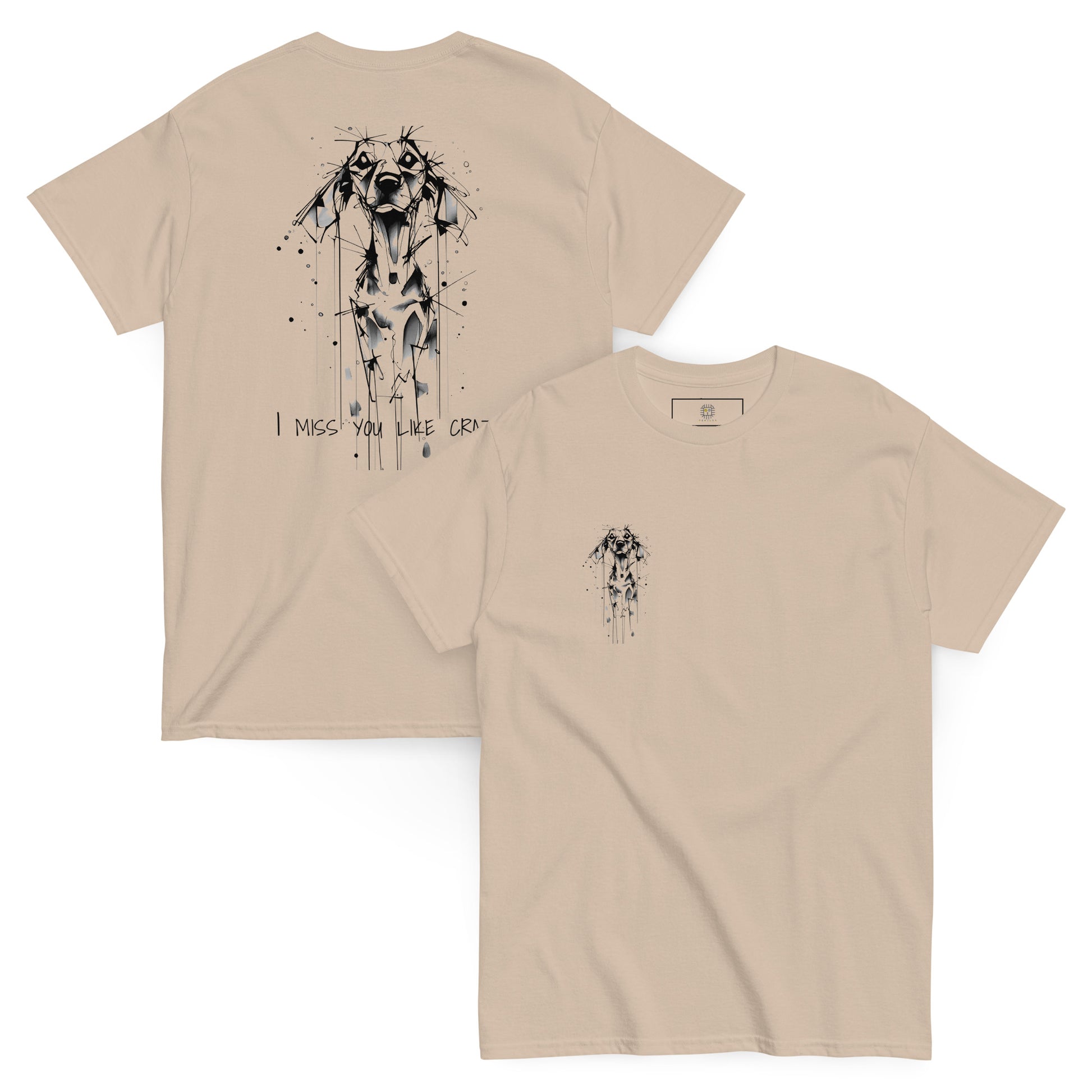 Beige unisex T-shirt – black ink Beagle dog illustration, front and back view.