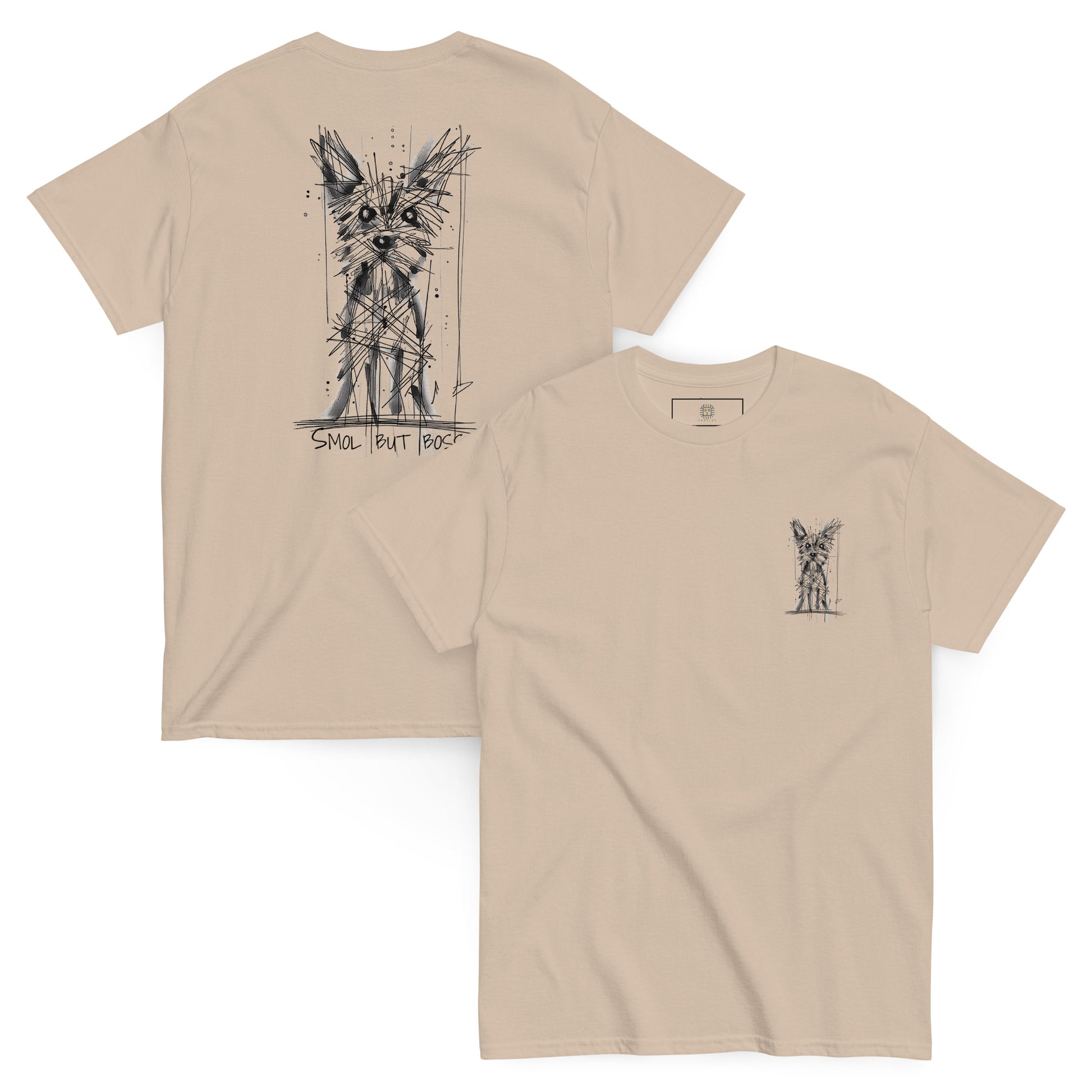 Beige unisex T-shirt – black ink Yorkshire Terrier dog illustration, front and back view.