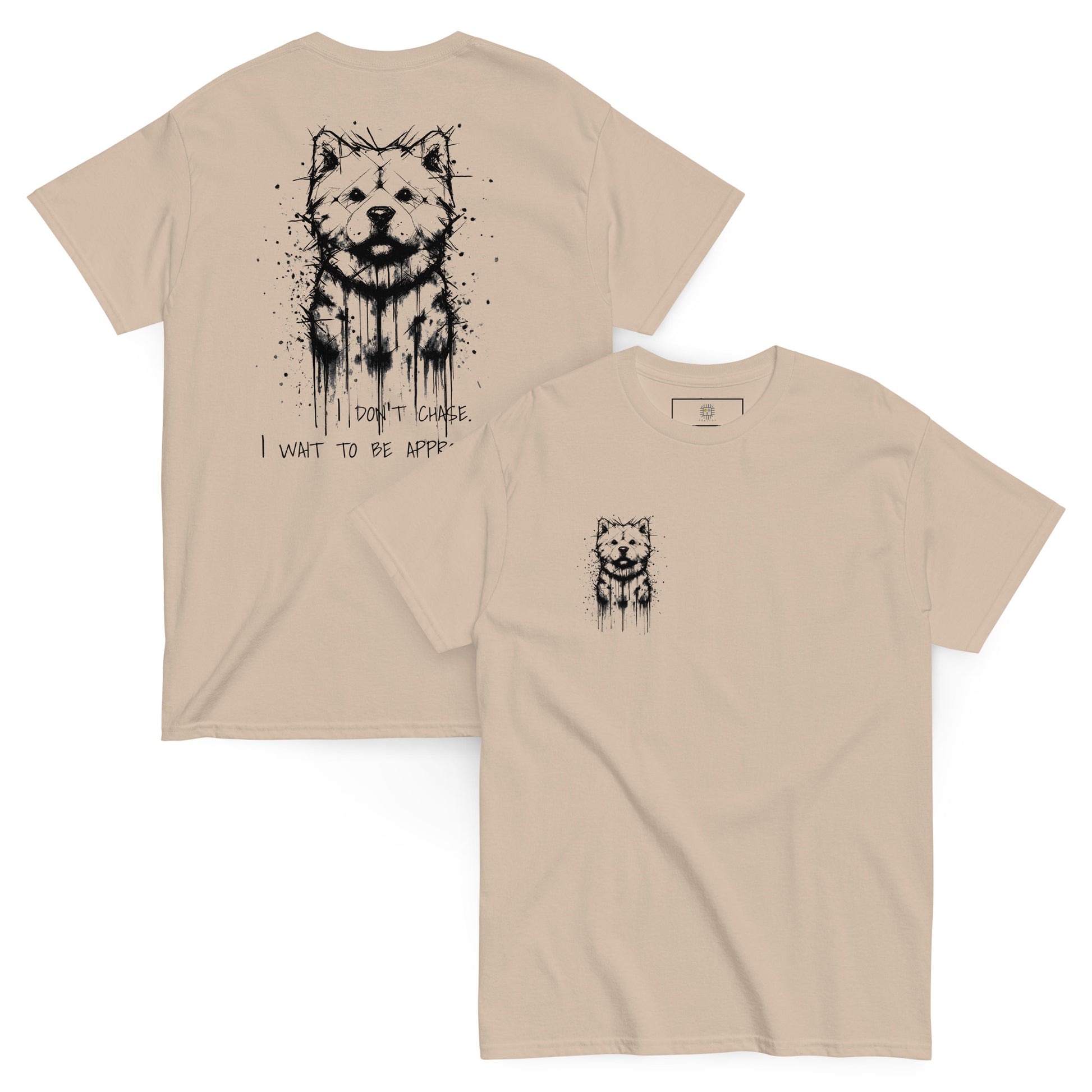 Beige unisex T-shirt – black ink Shiba Inu dog illustration, front and back view.