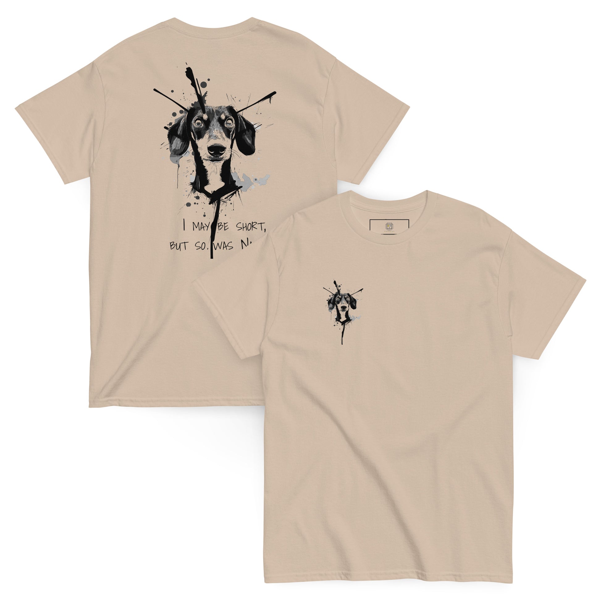 Beige unisex T-shirt with Pekilot’s Dachshund Napoleon design. Minimalist front placement makes it easy to style with jeans or casual outfits.