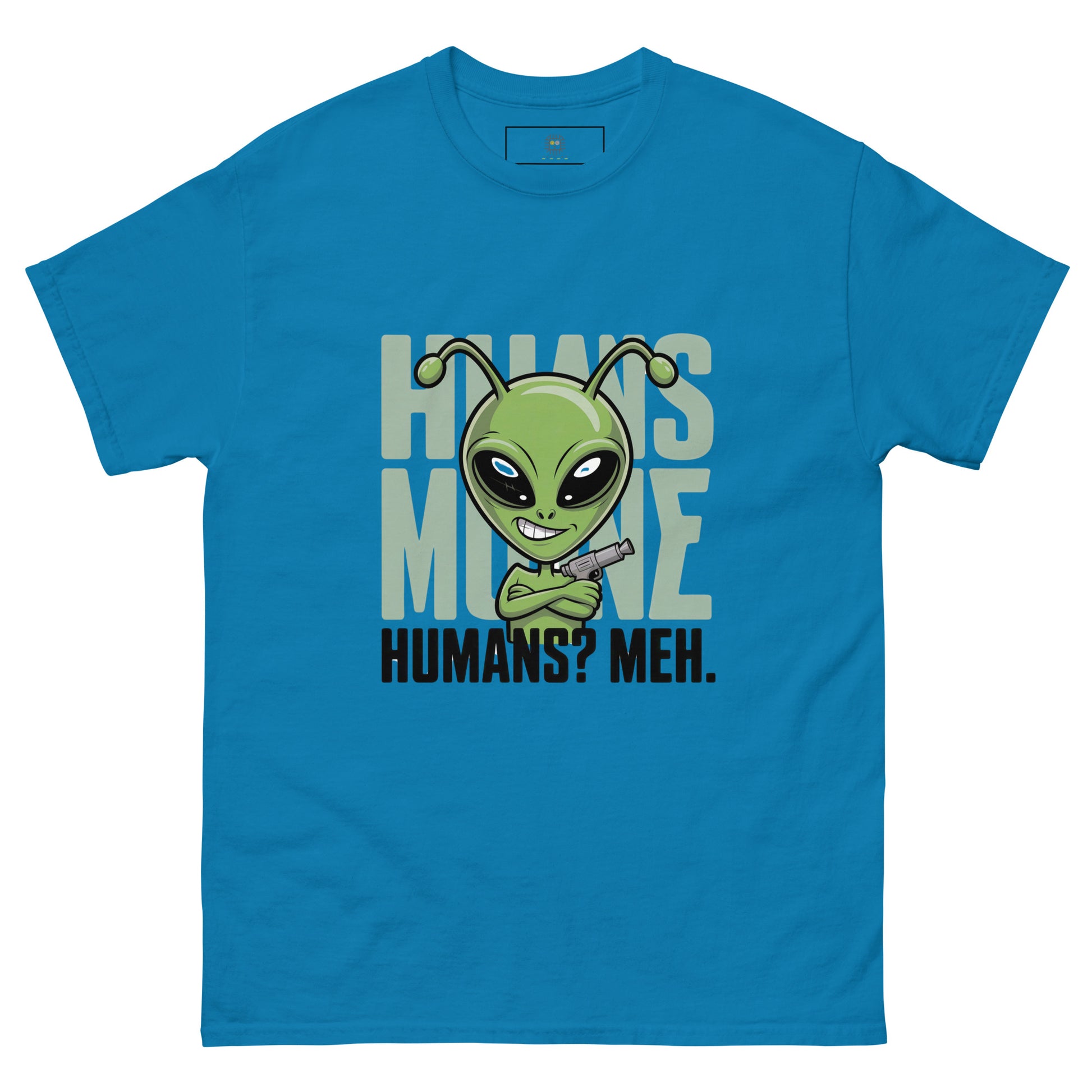 Blue unisex T-shirt — front print: green alien face above text HOW’S MY MOOD? HUMANS? MEH.