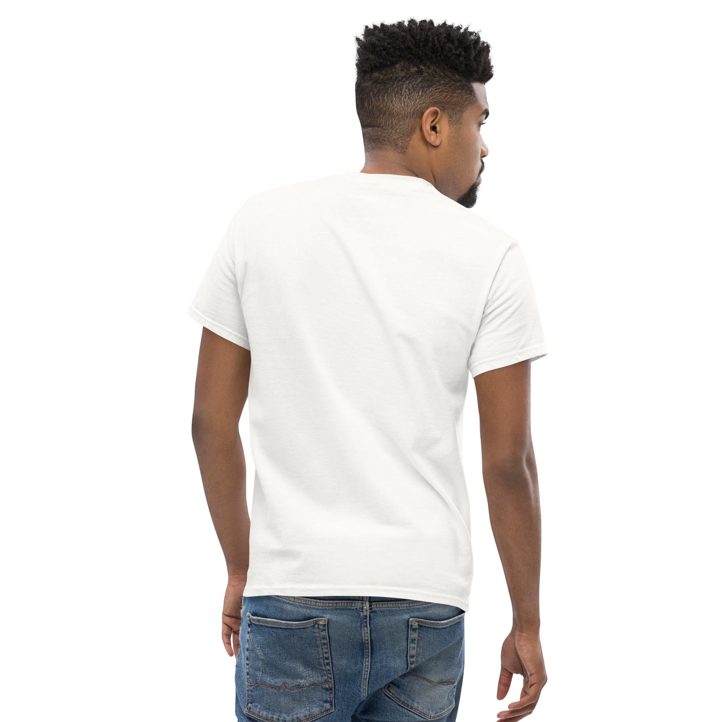 Back view of a white unisex t-shirt showing a clean design with no print on the back.