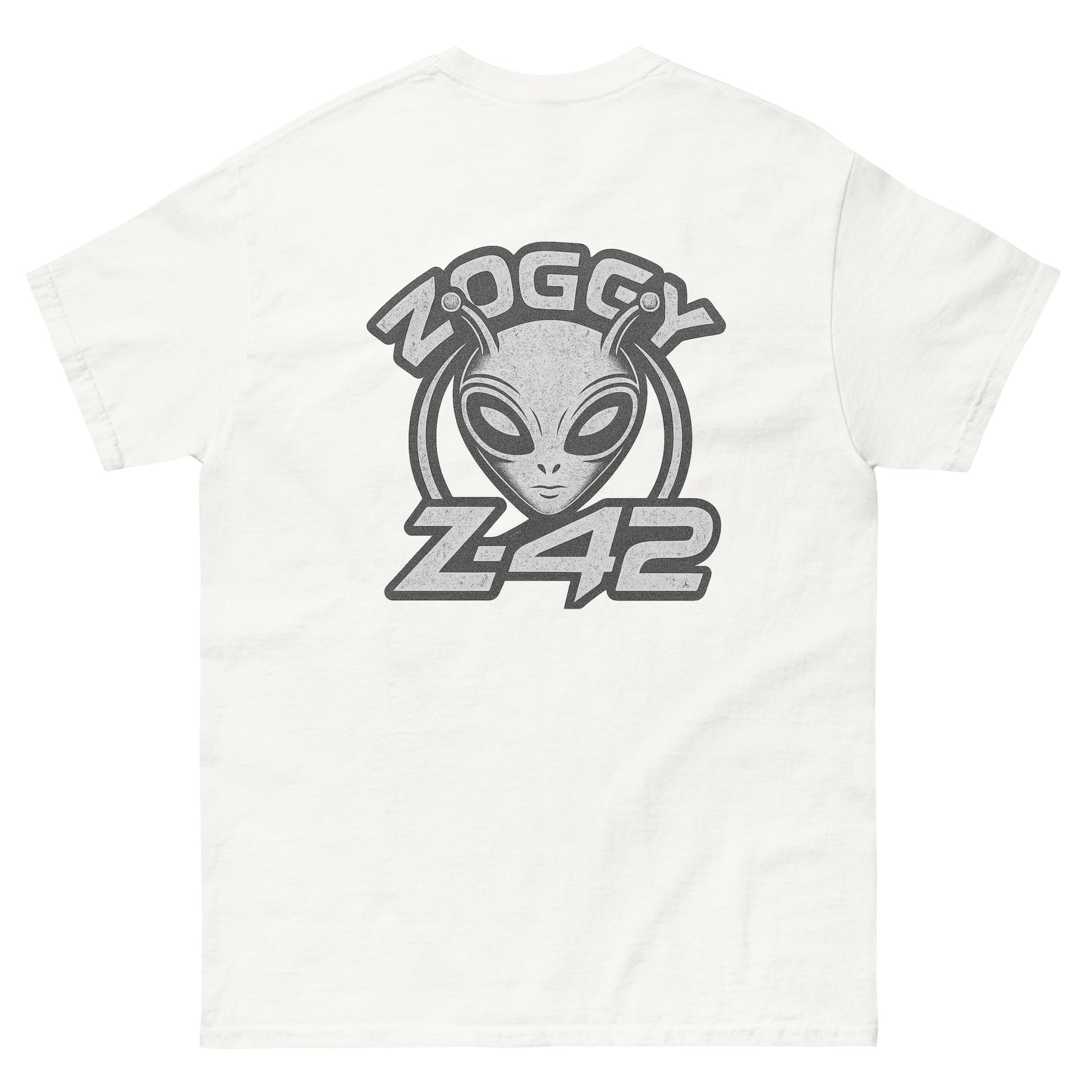 White unisex T-shirt — back print: large grey alien head with text ZOGGY Z-42