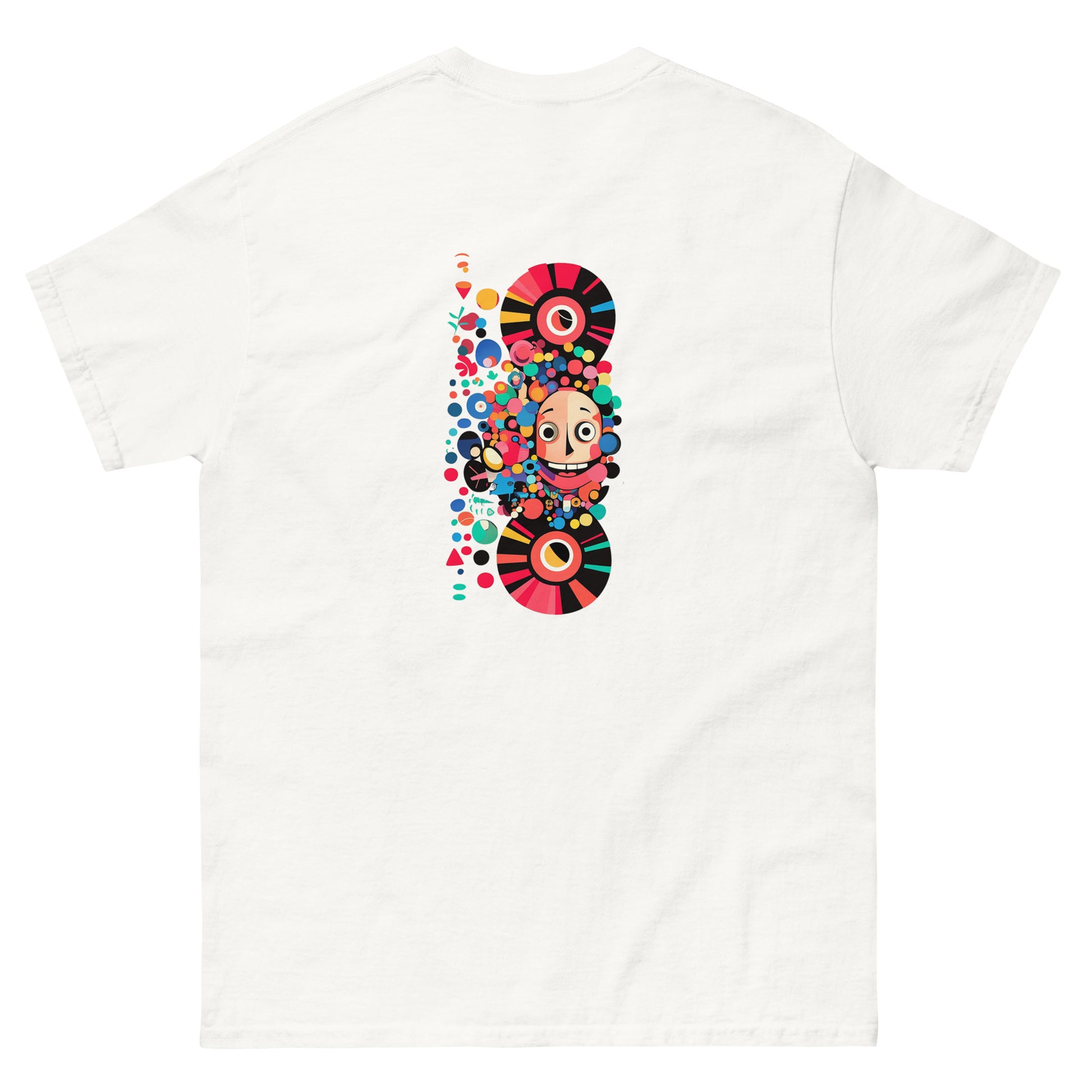 White unisex T-shirt — back print: colorful abstract skull design