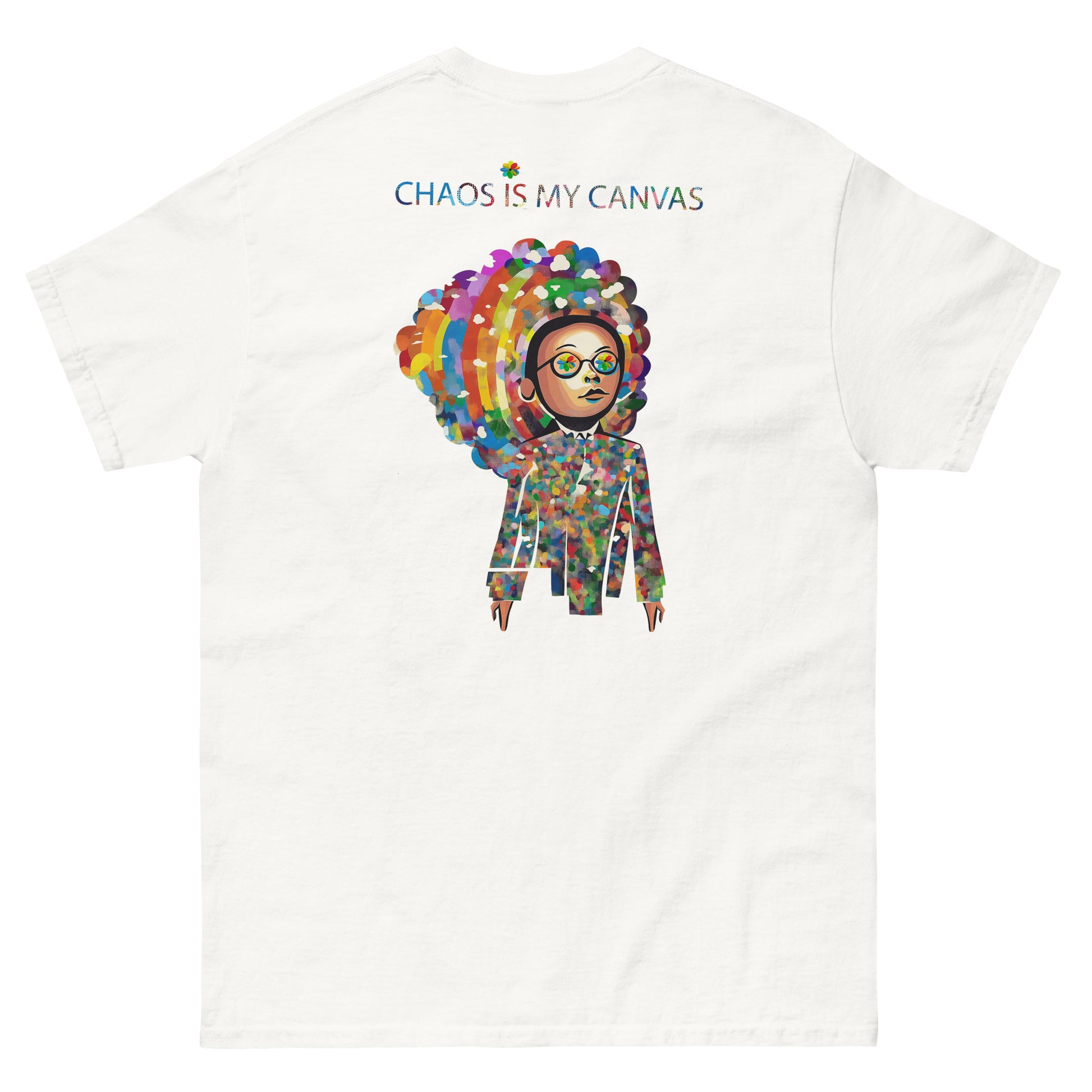 White unisex T-shirt – colorful Japanese pop art portrait, back view.